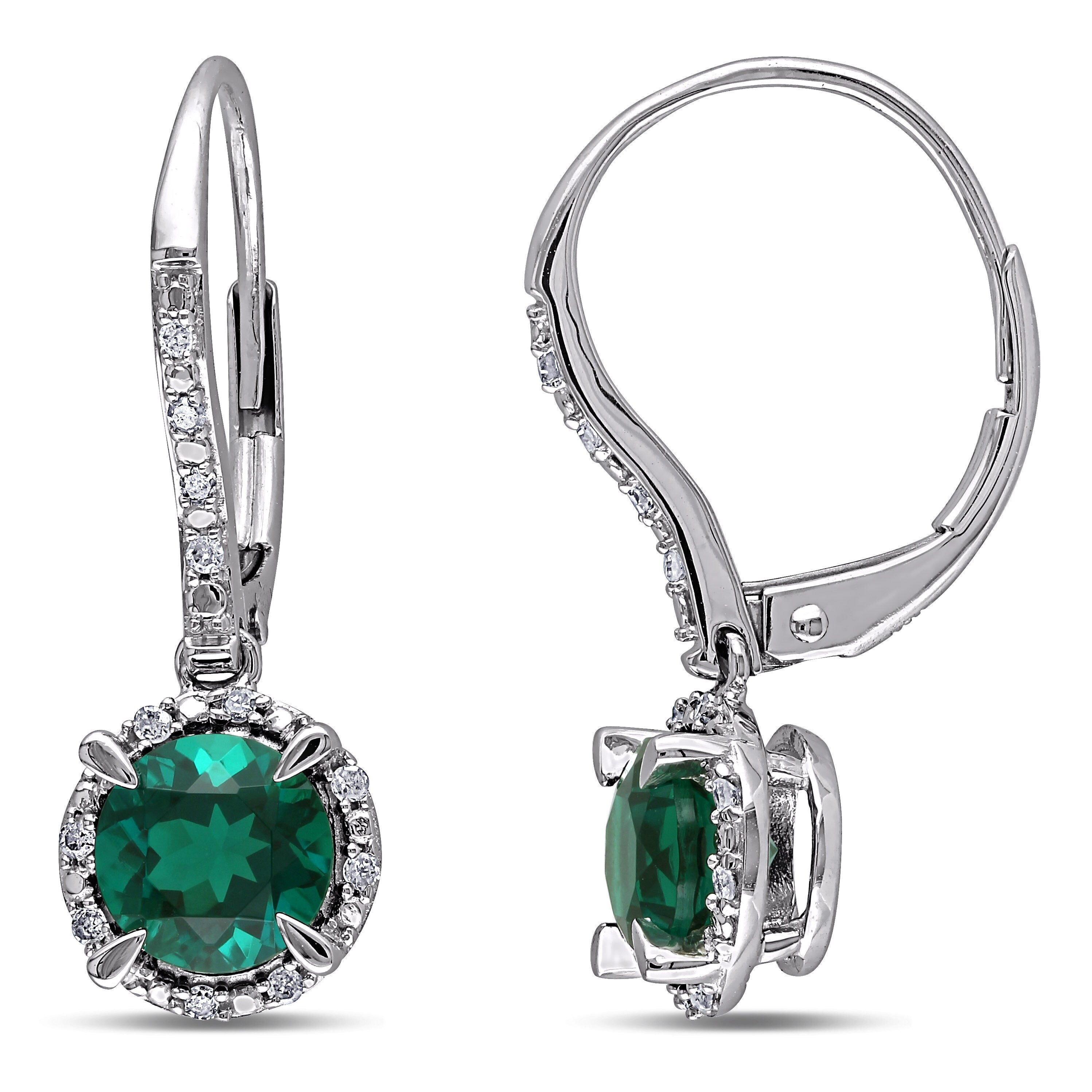 Miadora 10K White Gold Created Emerald And 1 10Ct Tdw Diamond Earrings H I I2 I3