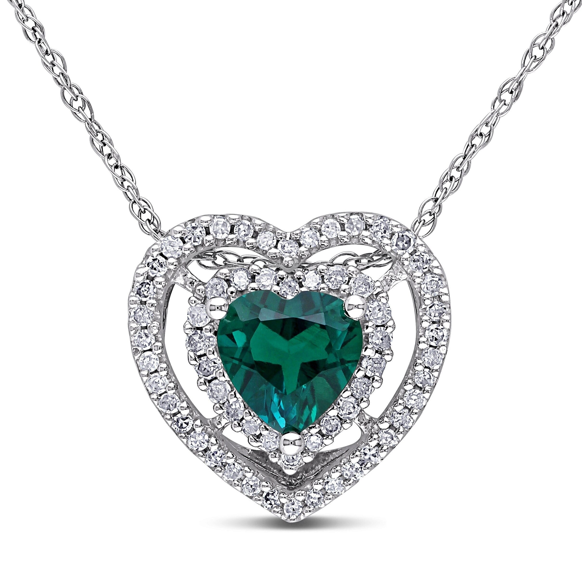 Miadora 10K White Gold Created Emerald And 1 5Ct Tdw Diamond Heart Necklace H I I2 I3
