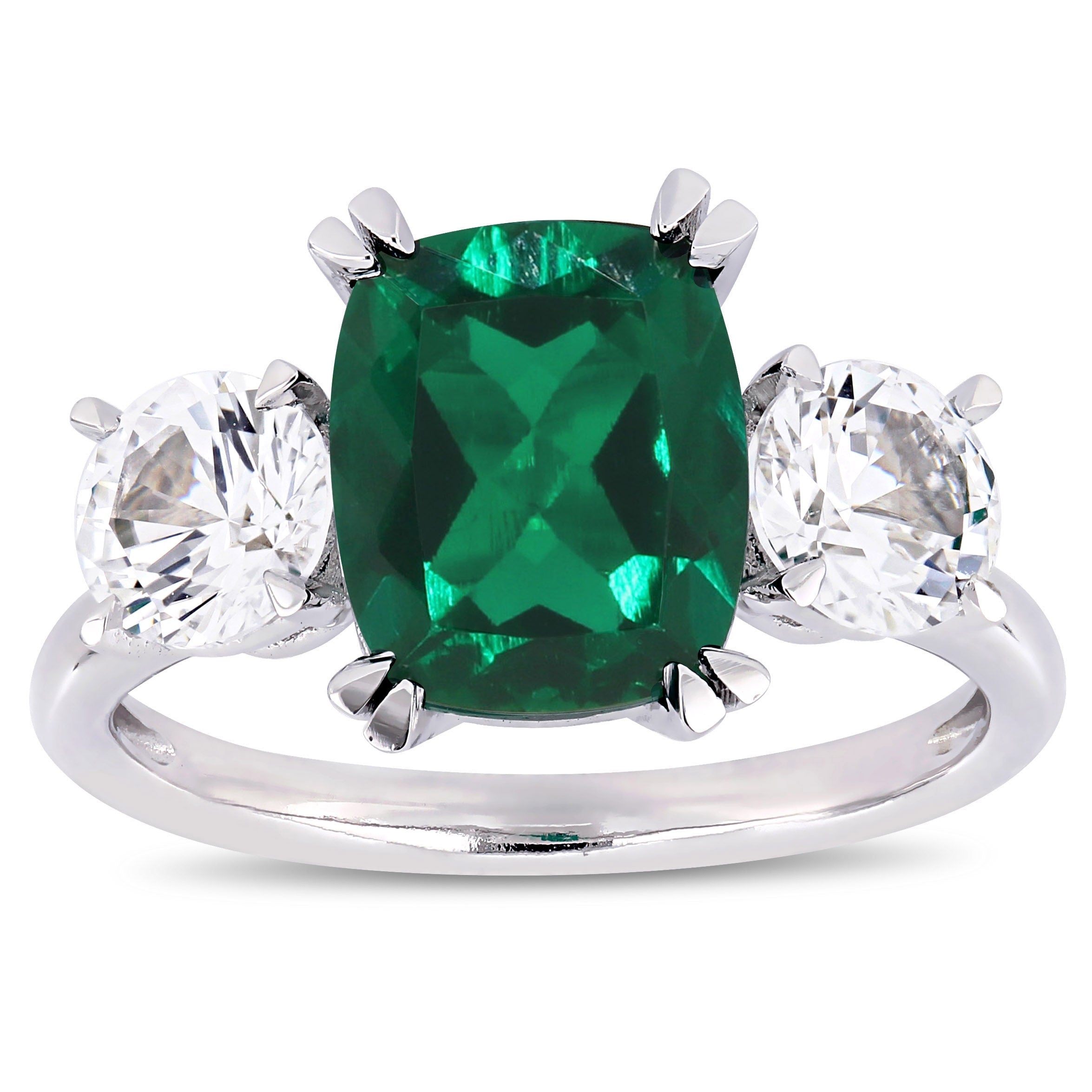 Miadora 10K White Gold Created Emerald And White Sapphire 3 Stone Engagement Ring