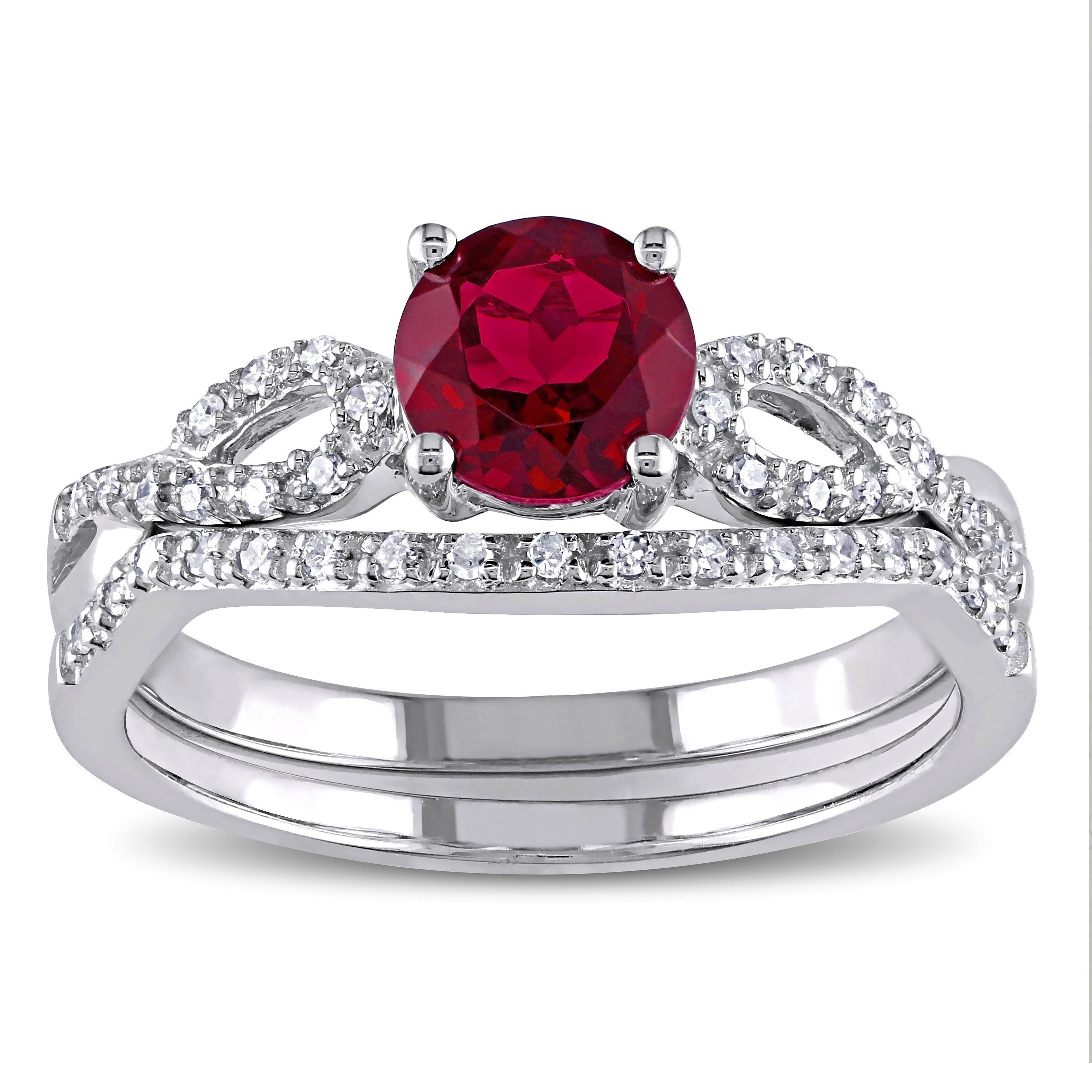 Miadora 10K White Gold Created Ruby And 1 6Ct Tdw Diamond Bridal Ring Set