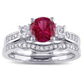 Miadora 10K White Gold Created Ruby And White Sapphire And 1 6Ct Tdw Diamond 3 Stone Bridal Ring Set