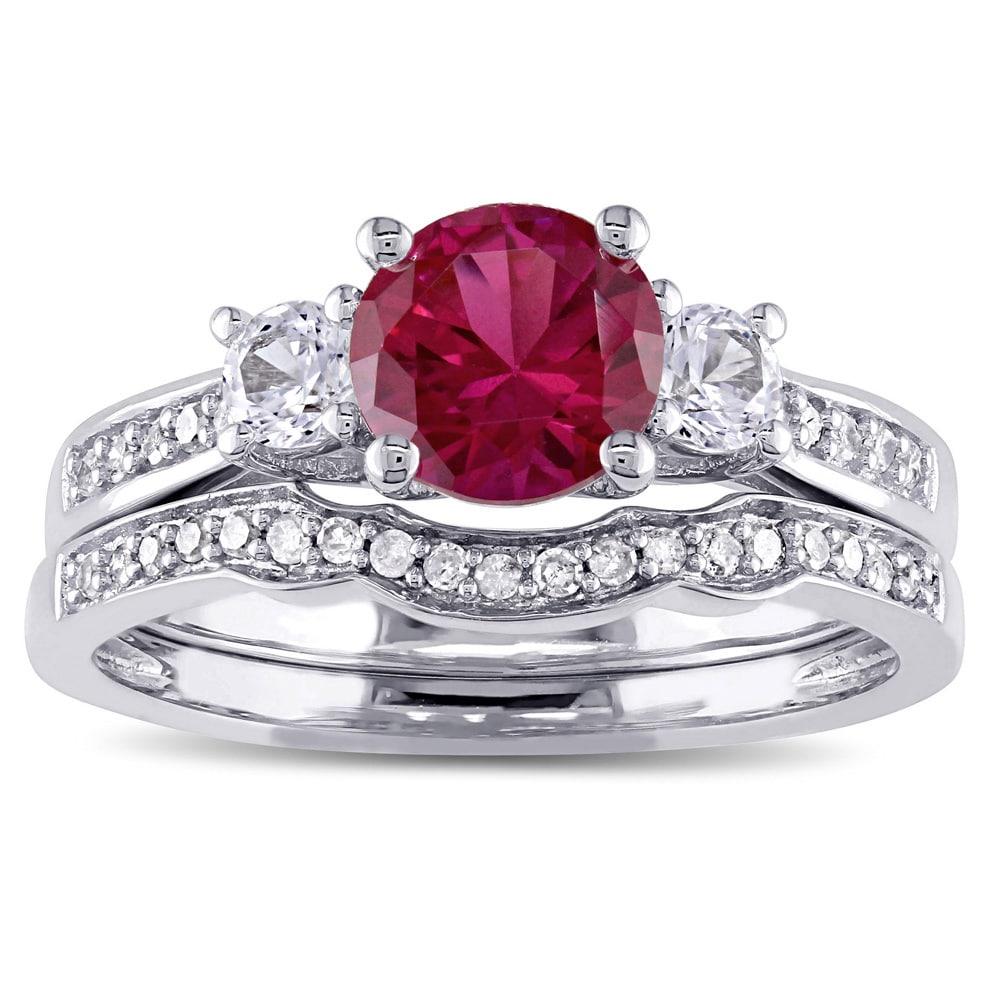 Miadora 10K White Gold Created Ruby And White Sapphire And 1 6Ct Tdw Diamond 3 Stone Bridal Ring Set