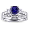 Miadora 10K White Gold Created Blue And White Sapphire And 1 6Ct Tdw Diamond 3 Stone Bridal Ring Set