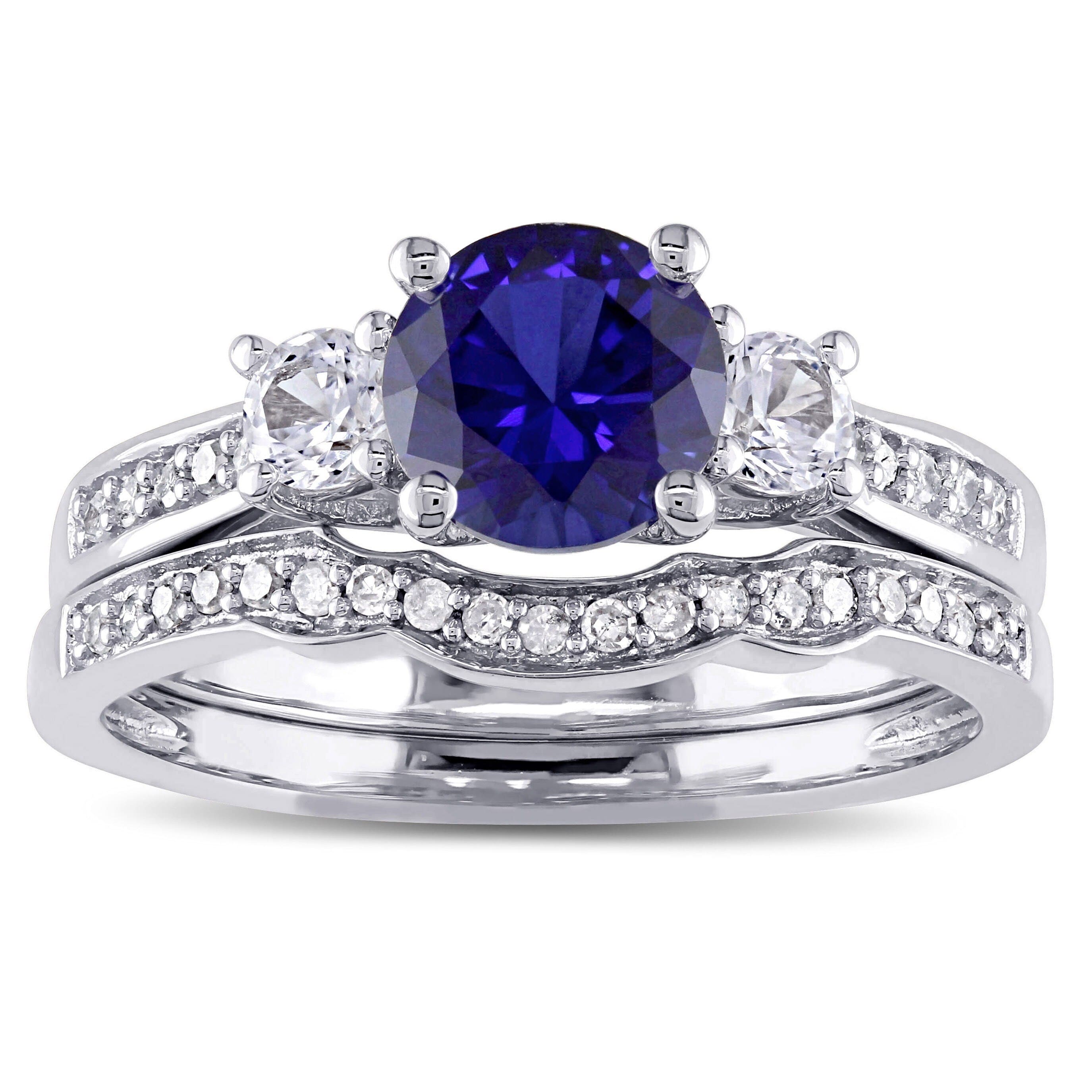Miadora 10K White Gold Created Blue And White Sapphire And 1 6Ct Tdw Diamond 3 Stone Bridal Ring Set