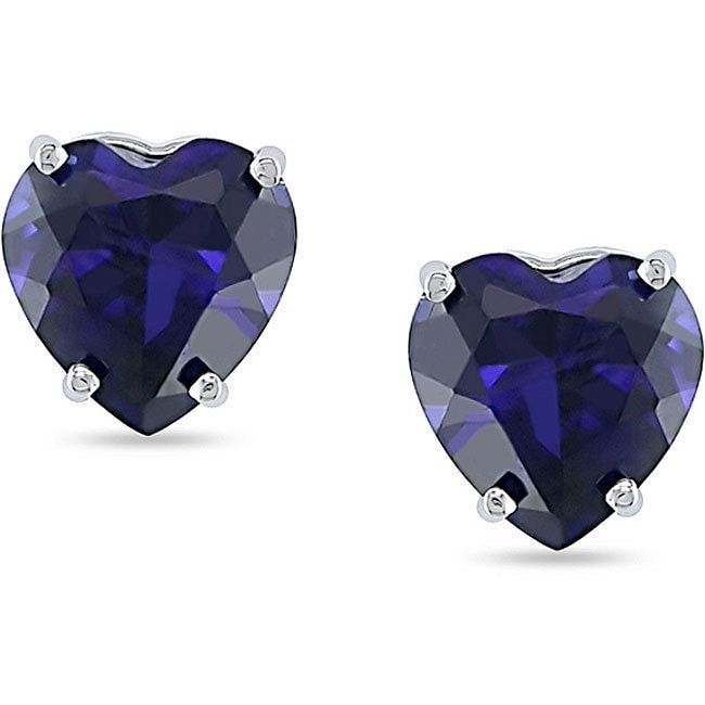 Miadora 10K White Gold Created Sapphire Heart Studs