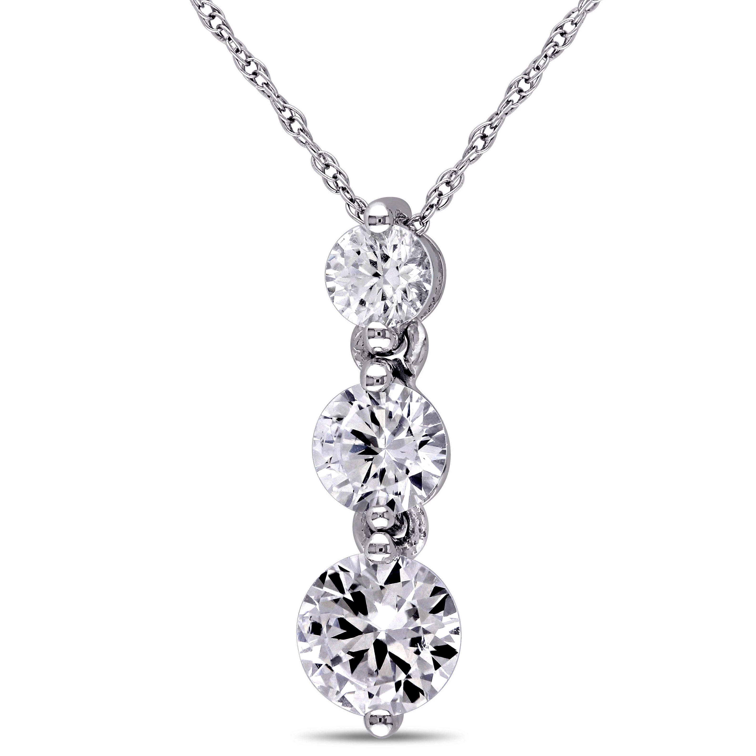 Miadora 10K White Gold Created White Sapphire 3 Stone Necklace
