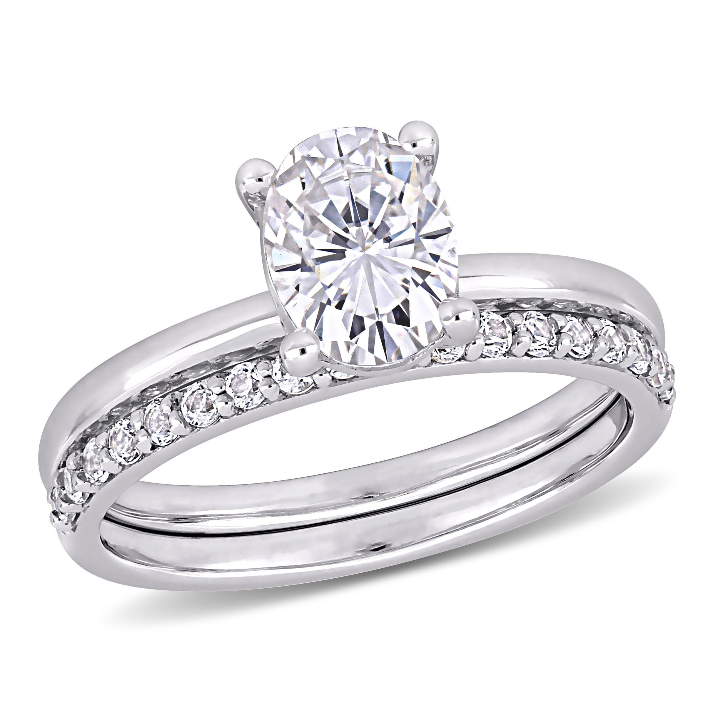 Miadora 10K White Gold Created White Sapphire Solitaire Wedding Ring Set