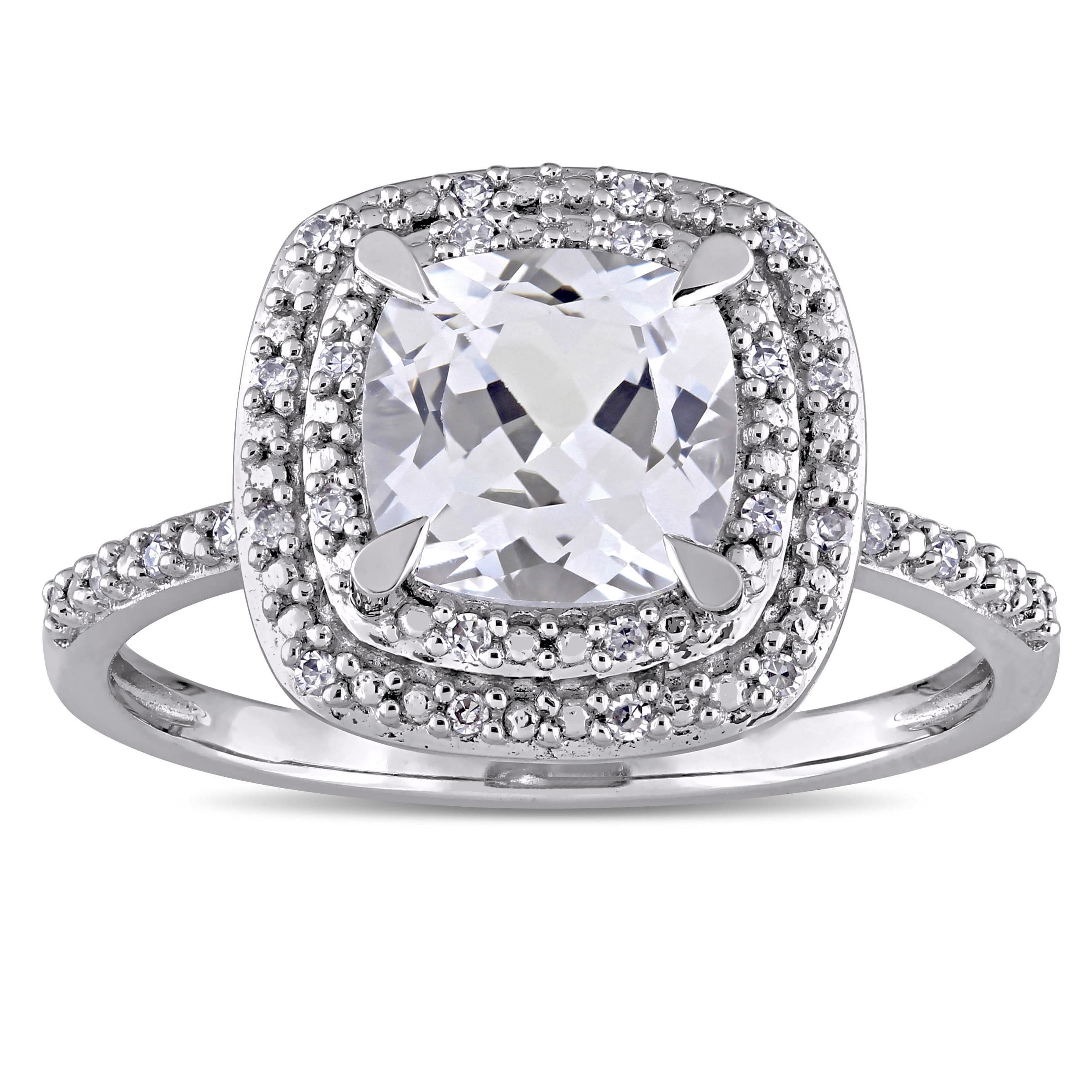 Miadora 10K White Gold Cushion Cut Created White Sapphire And 1 10Ct Tdw Diamond Double Square Halo Engagement Ring
