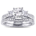 Miadora 10K White Gold Created White Sapphire And 1 6Ct Tdw Diamond 3 Stone Bridal Ring Set G H I2