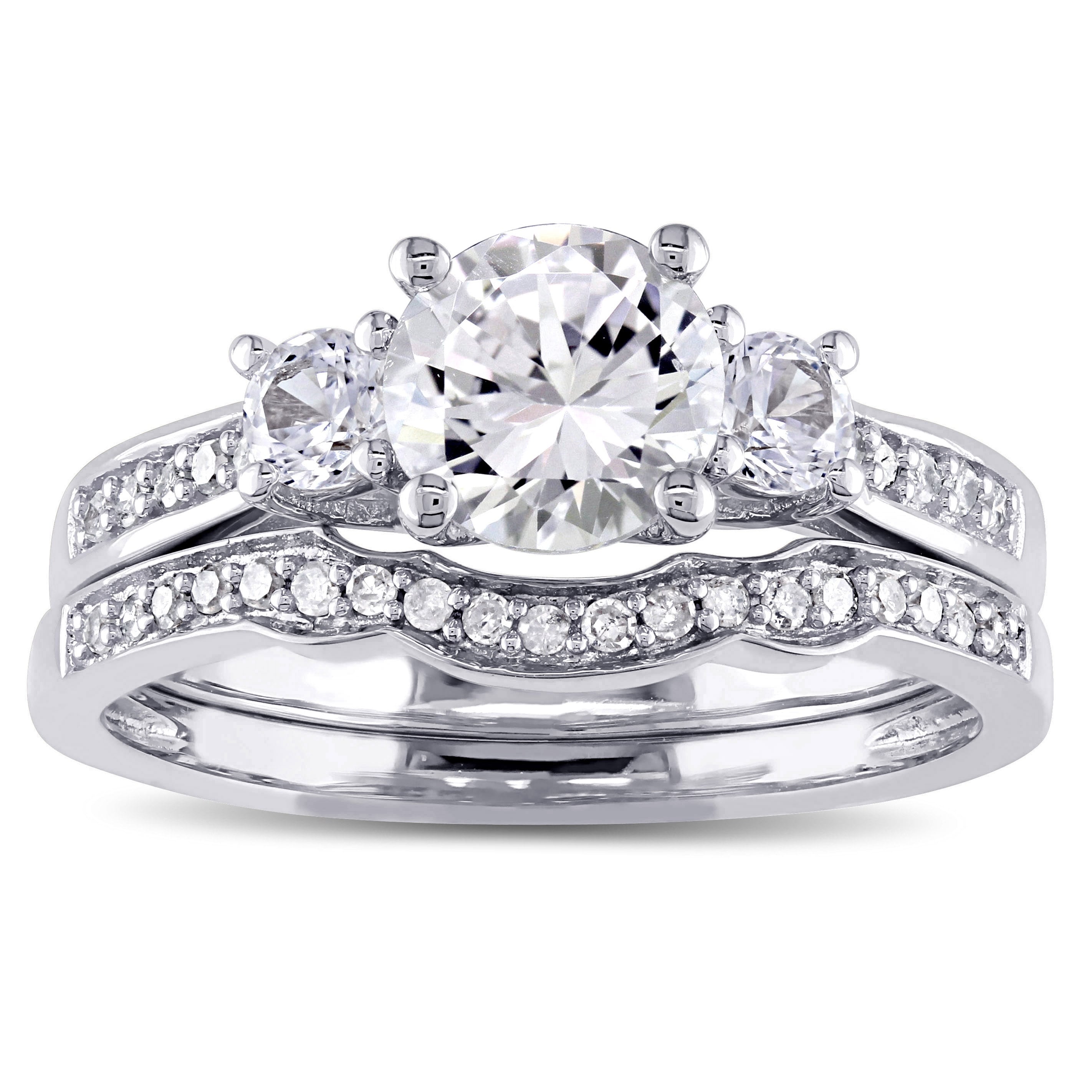 Miadora 10K White Gold Created White Sapphire And 1 6Ct Tdw Diamond 3 Stone Bridal Ring Set G H I2