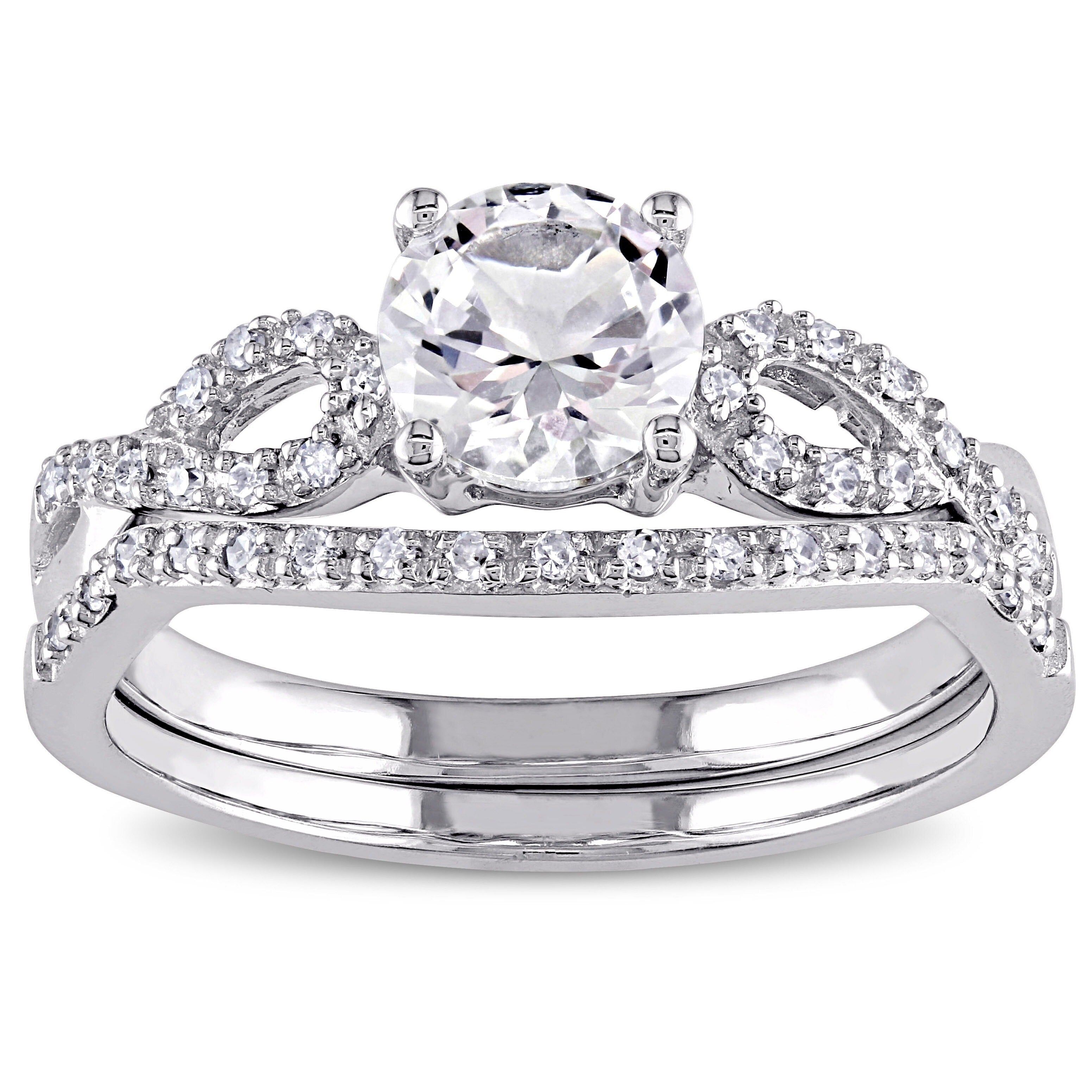 Miadora 10K White Gold Created White Sapphire And 1 6Ct Tdw Diamond Bridal Set