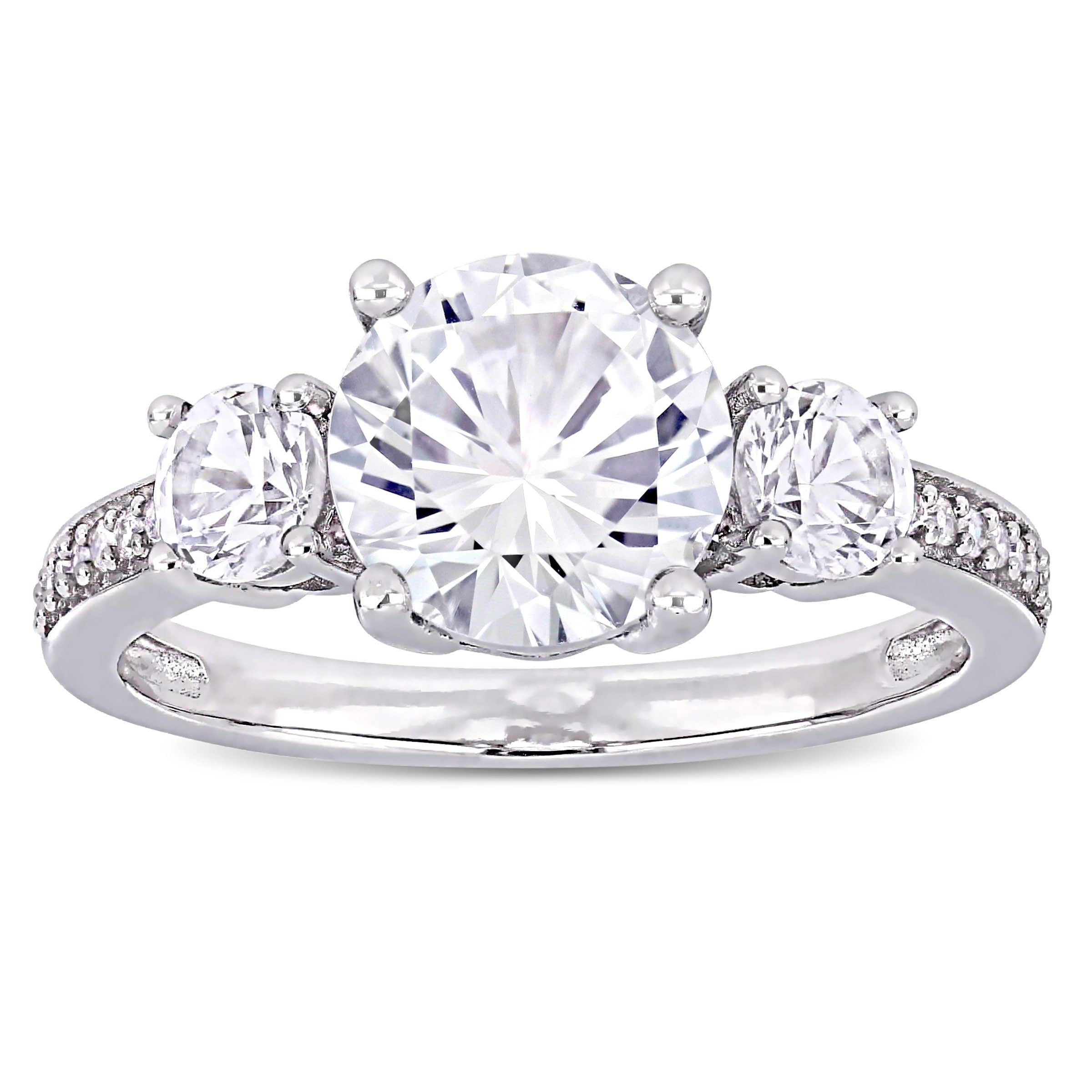 Miadora 10K White Gold Created White Sapphire And Diamond 3 Stone Engagement Ring