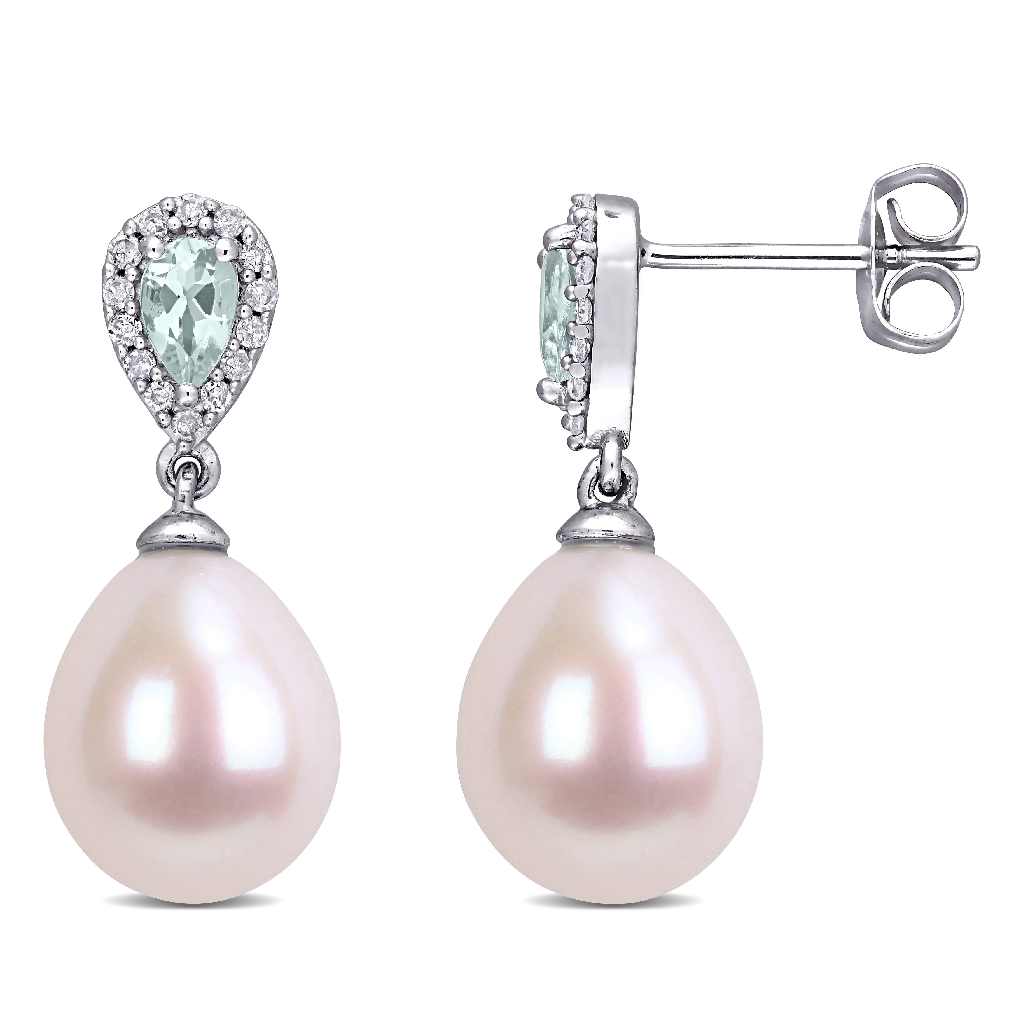 Miadora 10K White Gold Cultured Freshwater Pearl Aquamarine And 1 7Ct Tdw Diamond Earrings 9 9.5 Mm