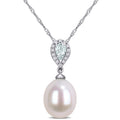 Miadora 10K White Gold Cultured Freshwater Pearl Aquamarine And Diamond Teardrop Halo Necklace 9 9.5 Mm