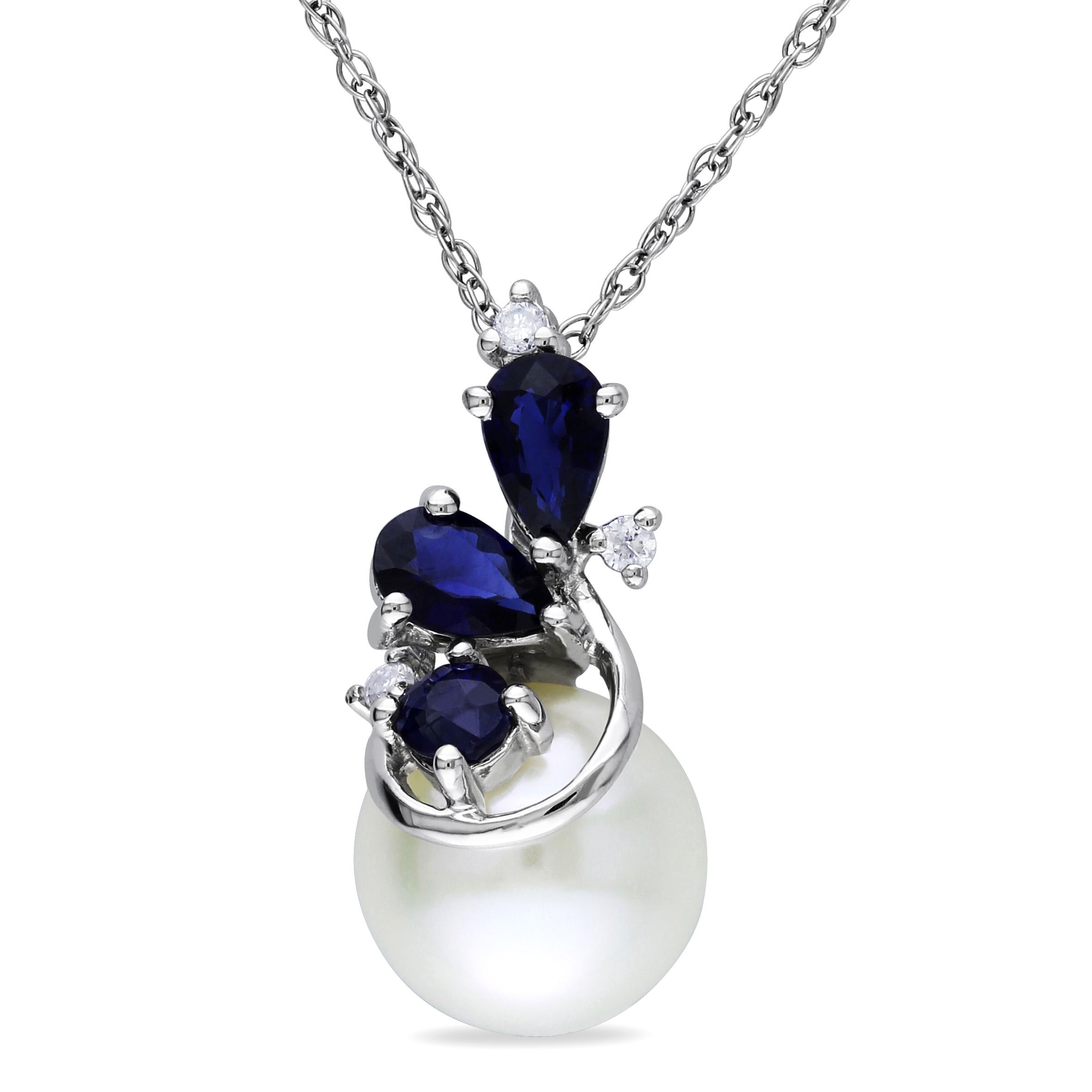Miadora 10K White Gold Cultured Freshwater Pearl Sapphire And Diamond Necklace H I I2 I3 8.5 9 Mm