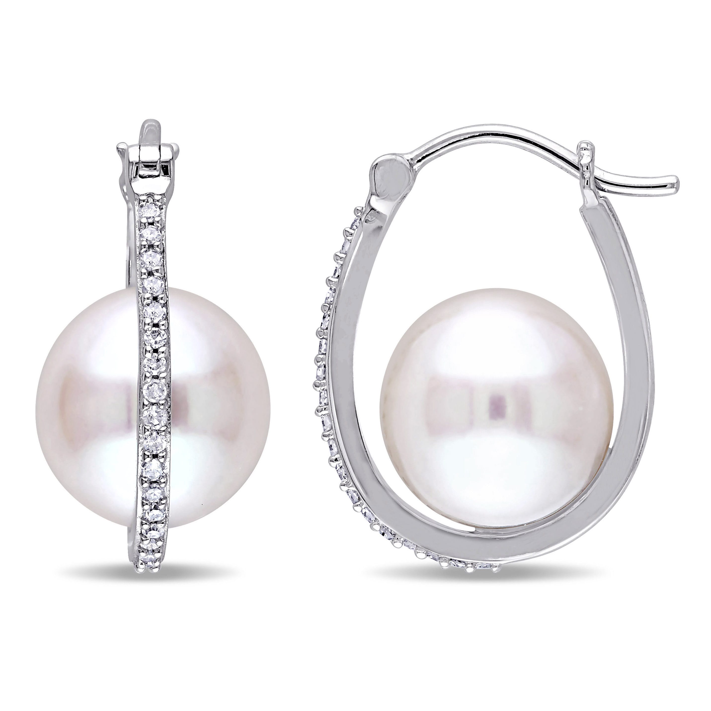 Miadora 10K White Gold Cultured Freshwater Pearl And 1 6Ct Tdw Diamond Dangle Earrings G H I2 I3 9.5 10 Mm
