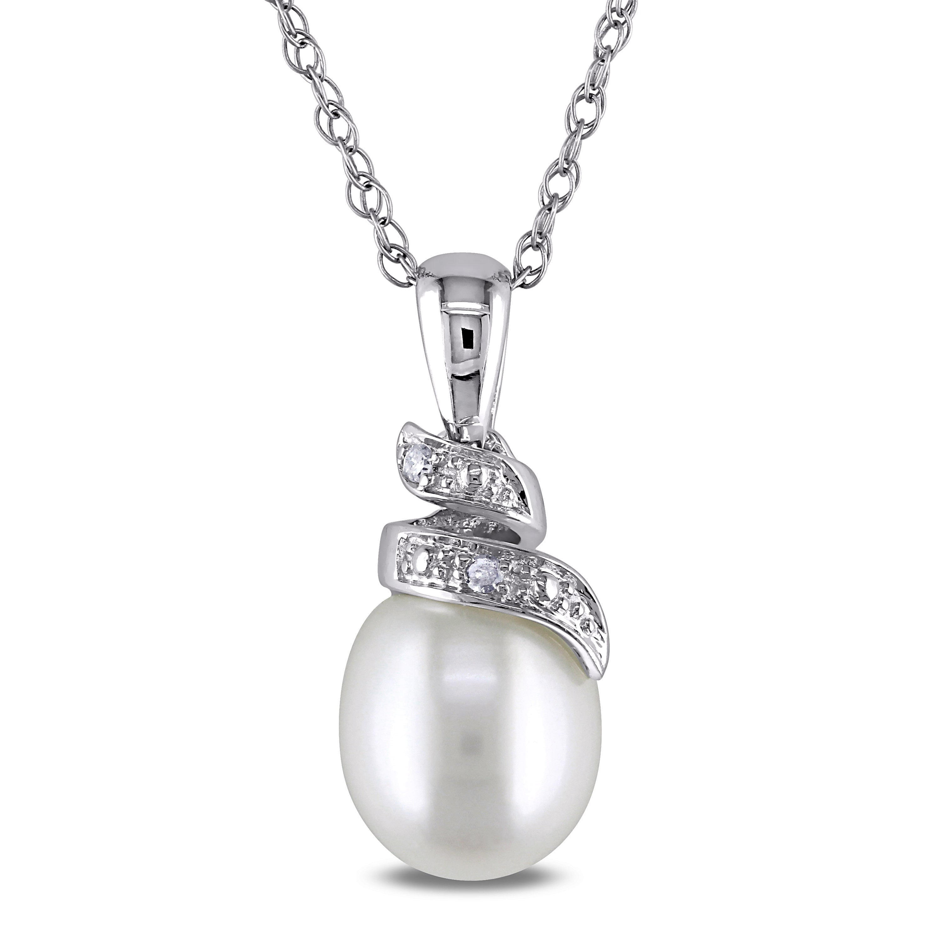 Miadora 10K White Gold Cultured Freshwater White Pearl And Diamond Accent Drop Necklace 6.5 7 Mm