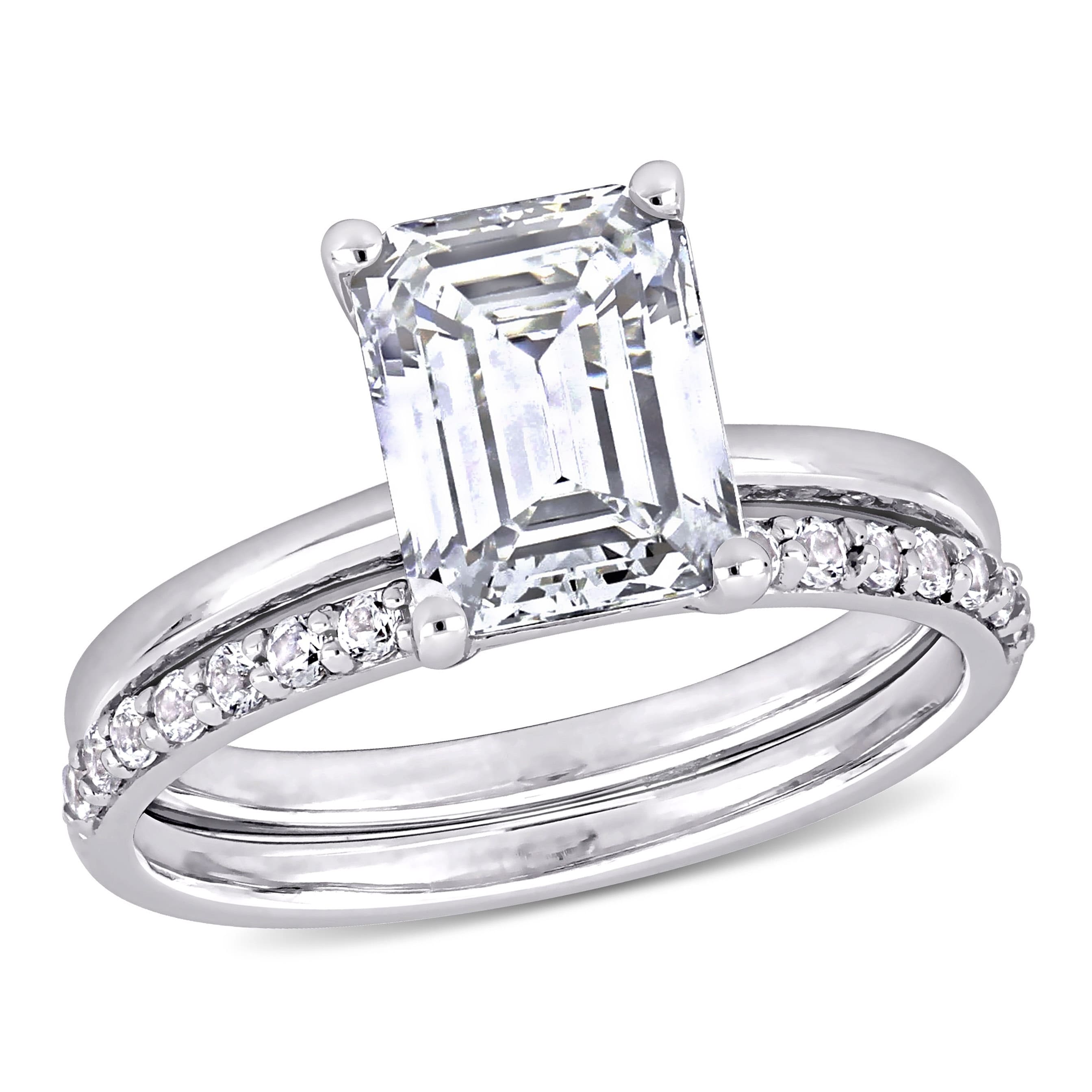 Miadora 10K White Gold Emerald Cut Created White Sapphire Solitaire Wedding Ring Set