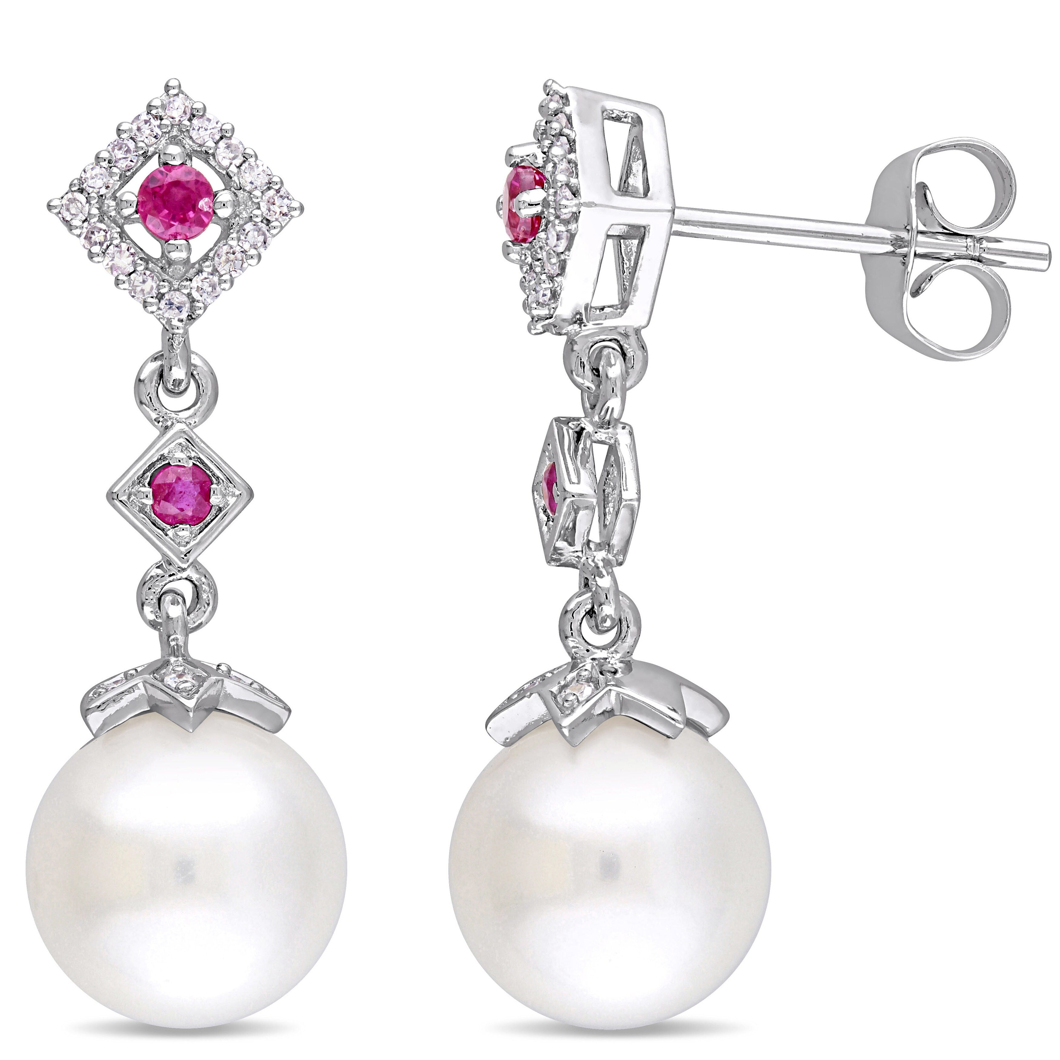 Miadora 10K White Gold Freshwater Cultured Pearl Ruby And 1 10Ct Tdw Diamond Graduated Drop Earrings 8.5 9 Mm Red