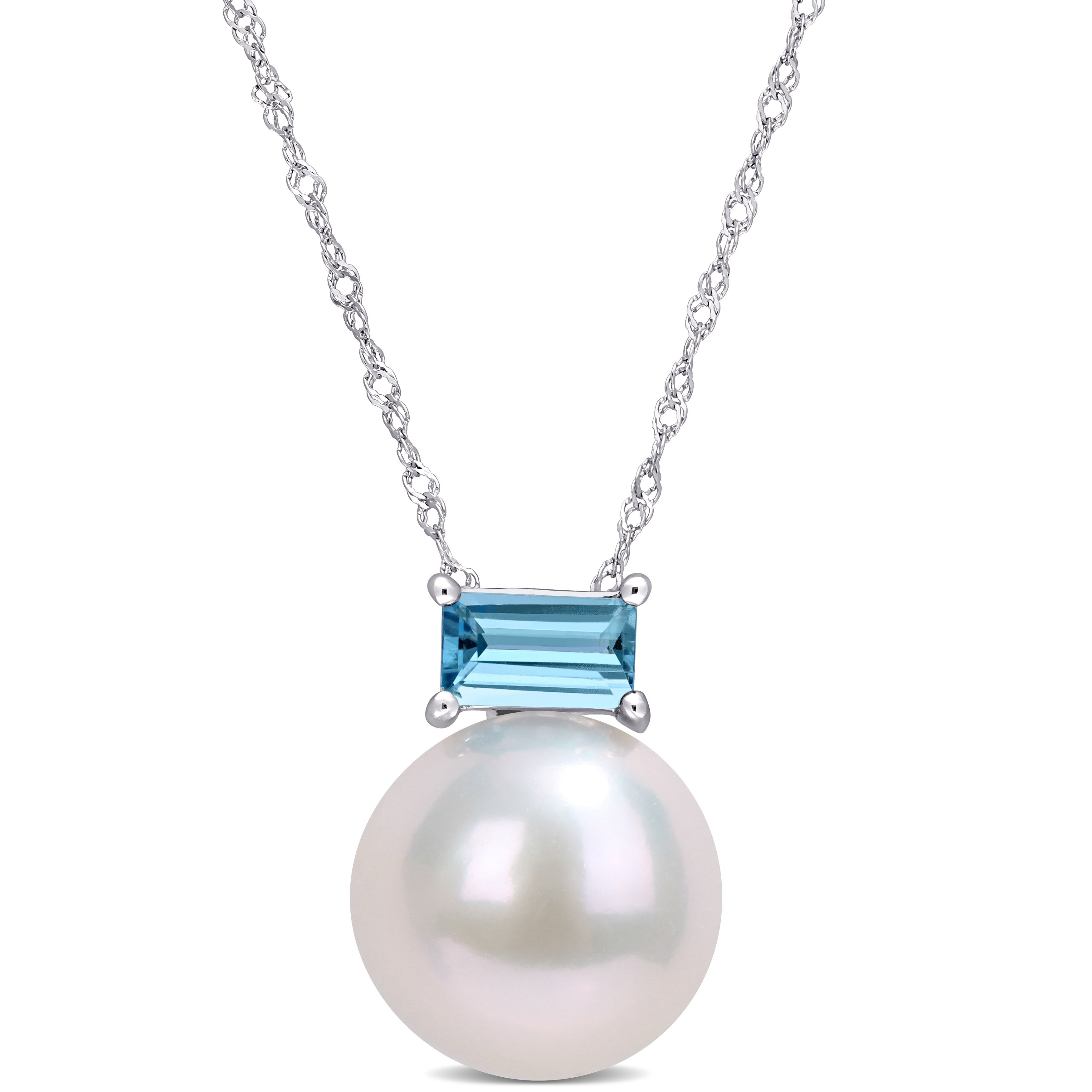 Miadora 10K White Gold Freshwater Cultured Pearl London Blue Topaz Solitaire Necklace 11 12Mm 15.7 Mm X 17 Inch X 11.5 Mm