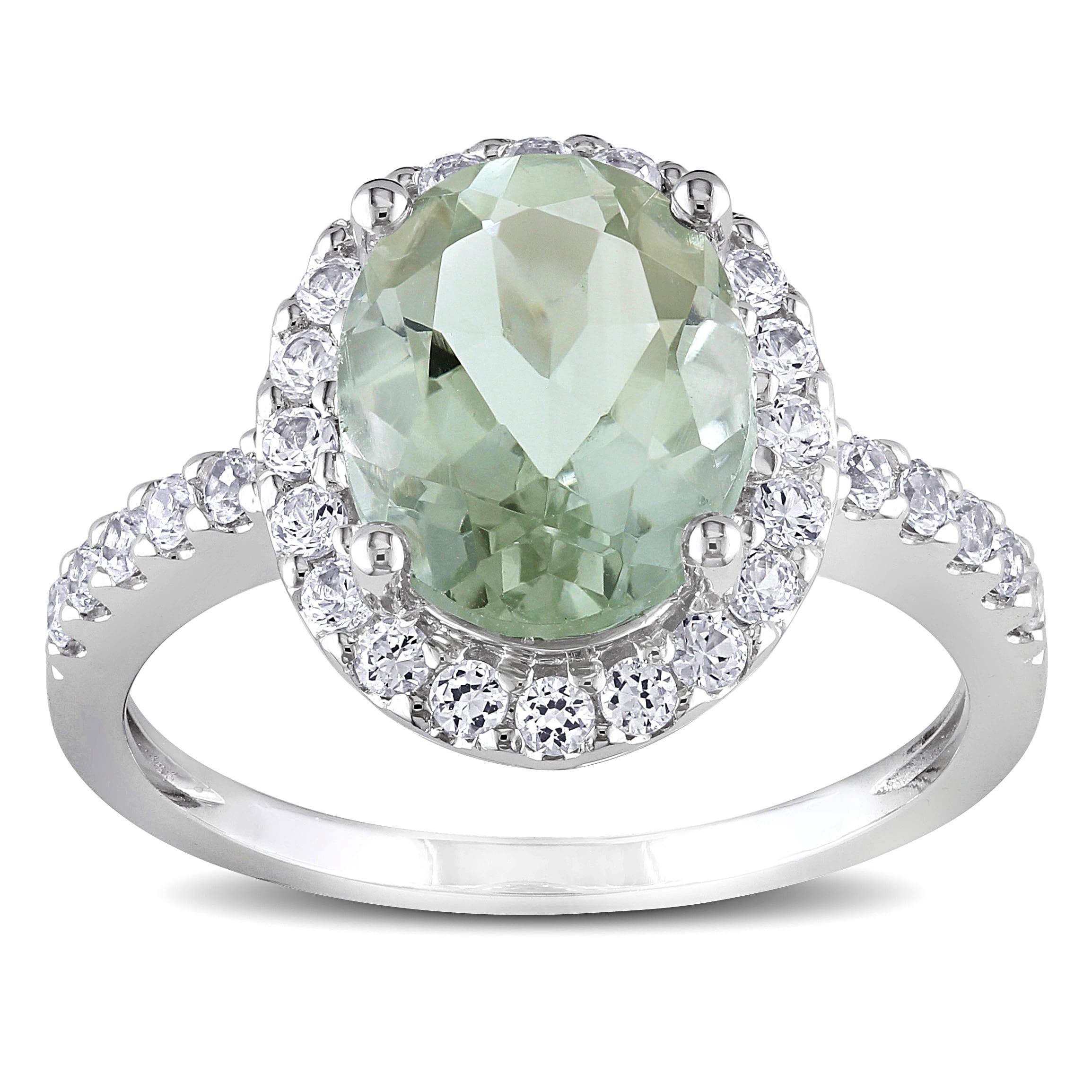 Miadora 10K White Gold Green Amethyst And Created White Sapphire Halo Ring