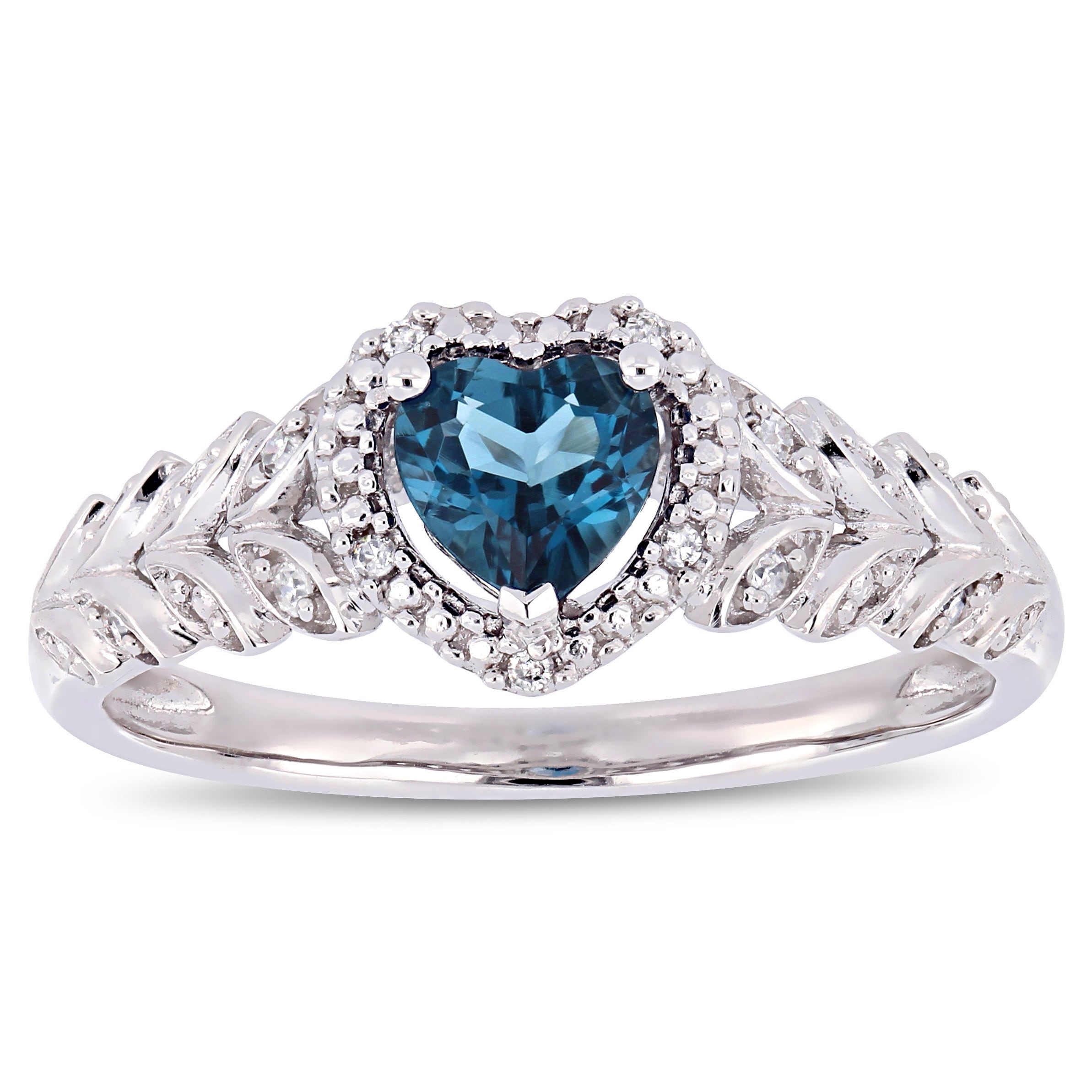 Miadora 10K White Gold London Blue Topaz And Diamond Heart Halo Ring