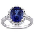 Miadora 10K White Gold Oval Cut Created Blue And White Sapphire Halo Engagement Ring