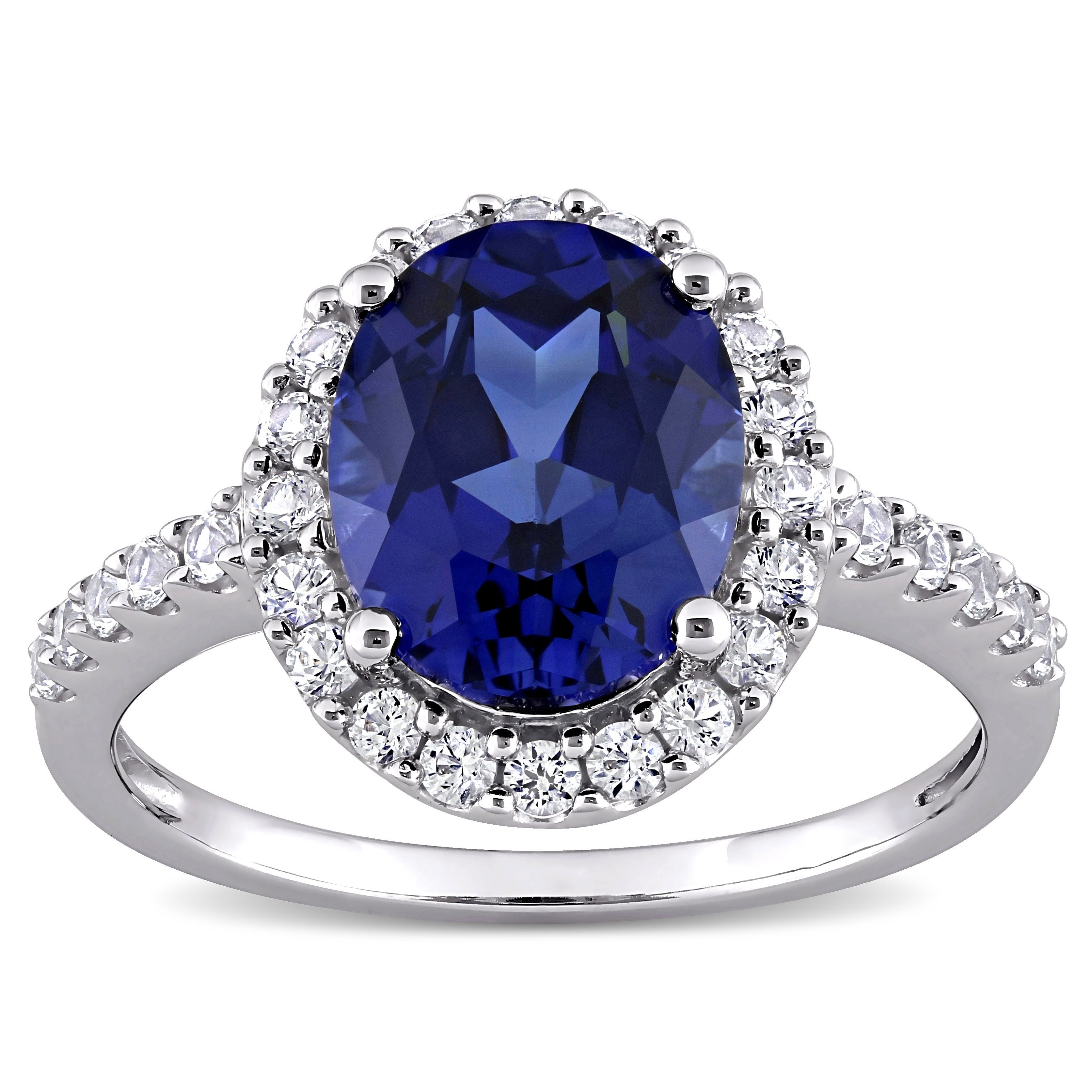 Miadora 10K White Gold Oval Cut Created Blue And White Sapphire Halo Engagement Ring