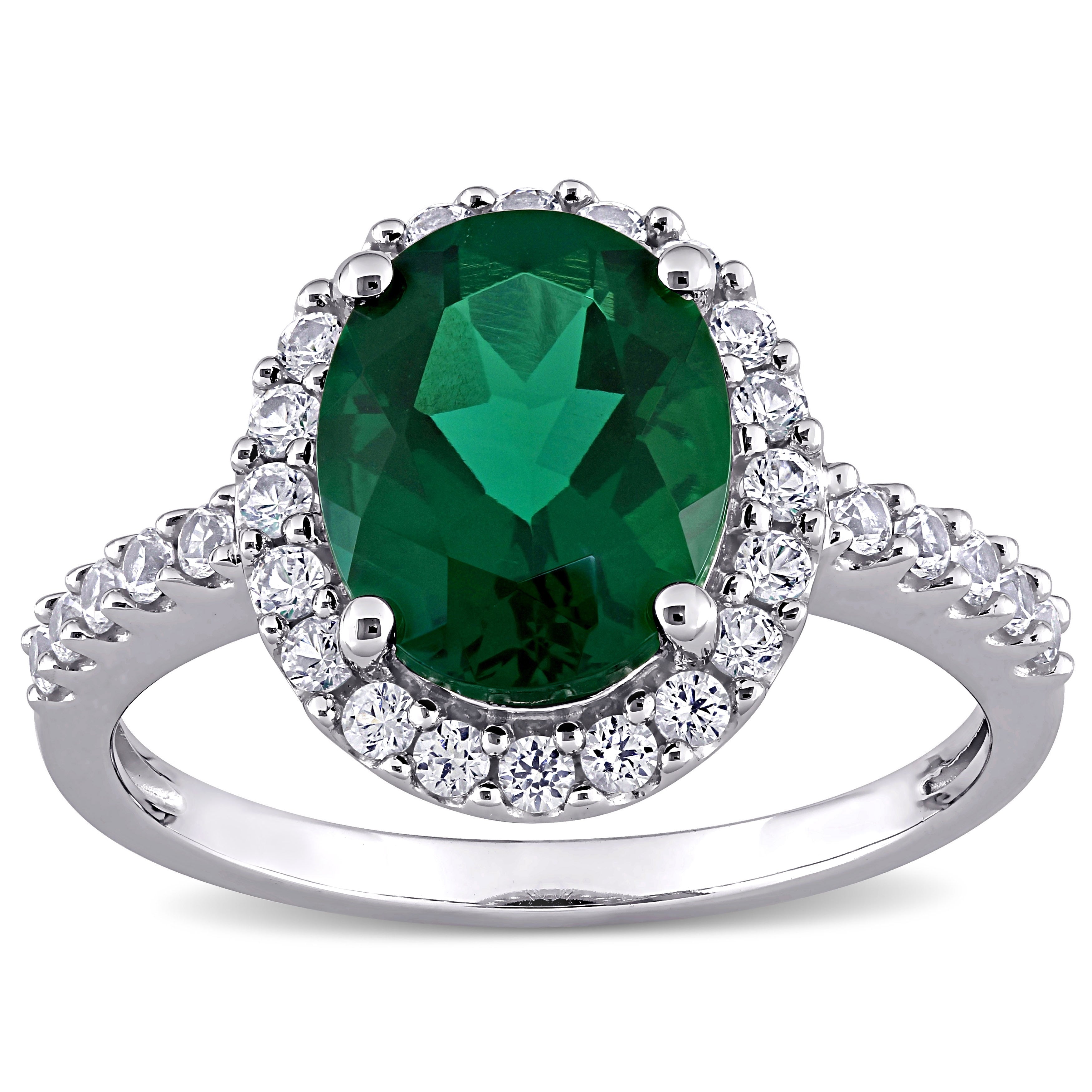 Miadora 10K White Gold Oval Cut Created Emerald And Created White Sapphire Halo Engagement Ring