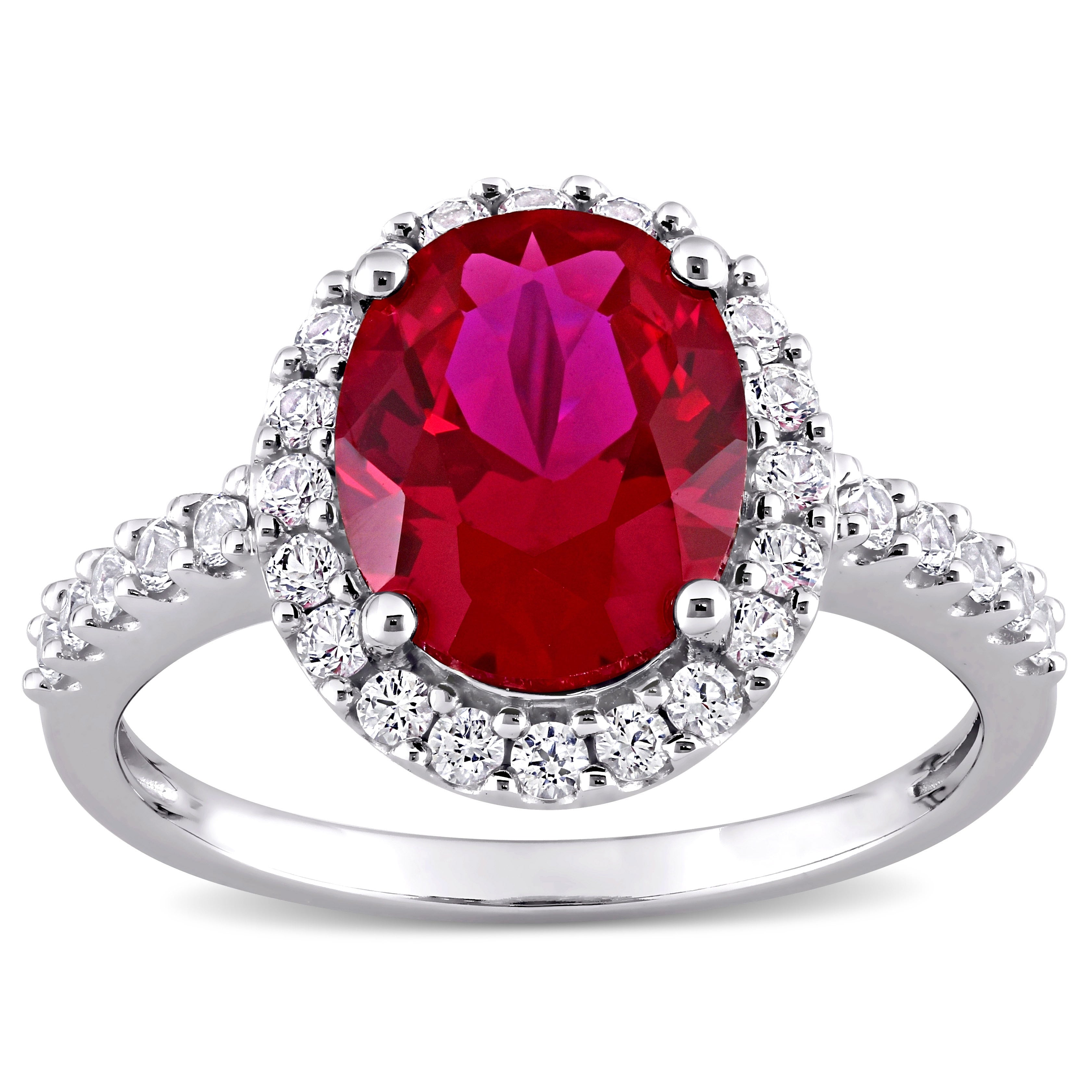 Miadora 10K White Gold Oval Cut Created Ruby And Created White Sapphire Halo Engagement Ring