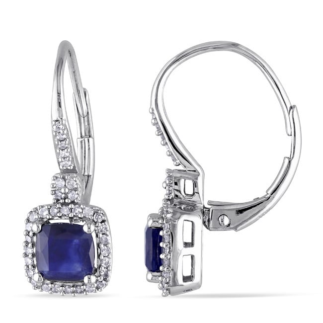 Miadora Signature Collection 10K White Gold Sapphire And 1 5Ct Tdw Diamond Birthstone Square Halo Leverback Earrings