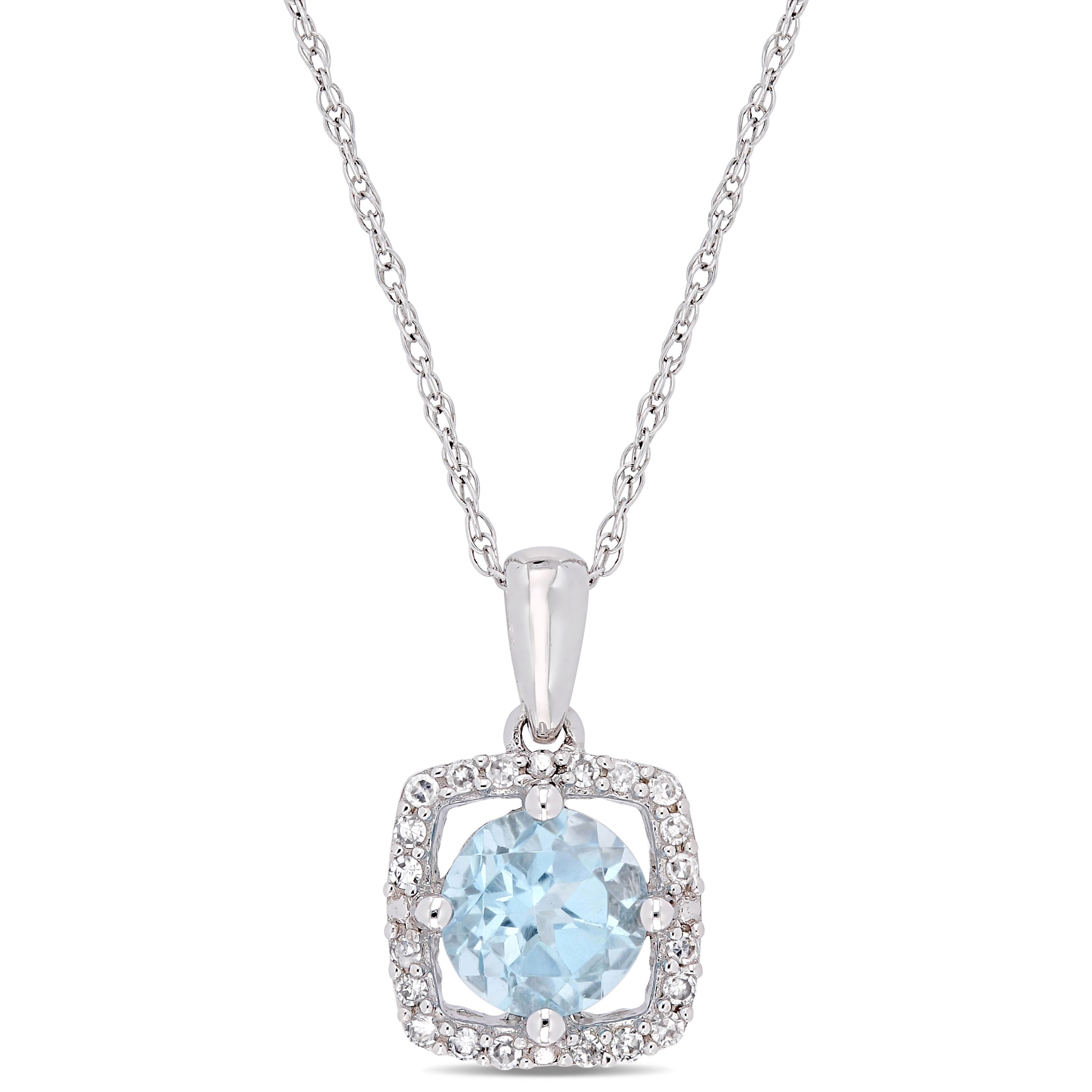 Miadora 10K White Gold Sky Blue Topaz And 1 10Ct Tdw Diamond Floating Square Halo Dangle Necklace