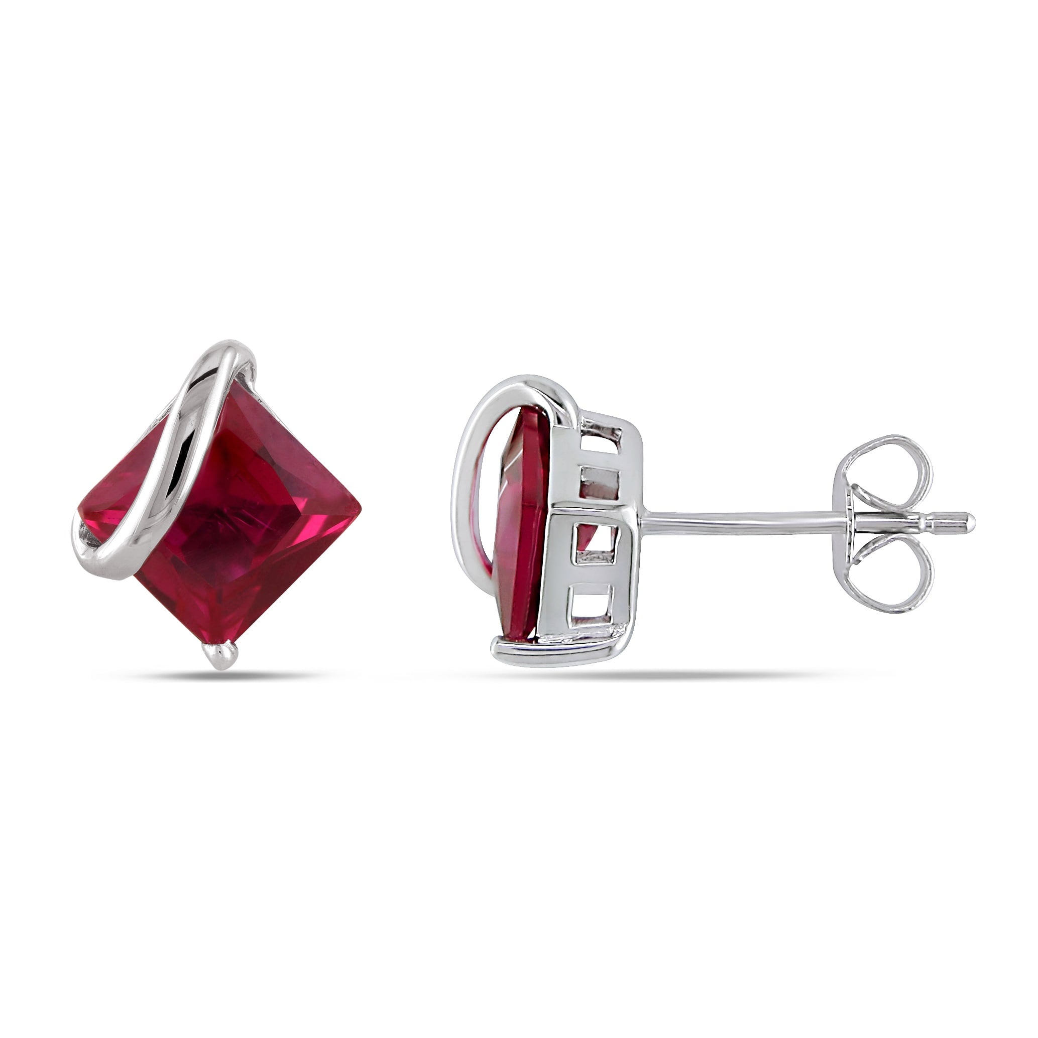Miadora 10K White Gold Square Created Ruby Earrings