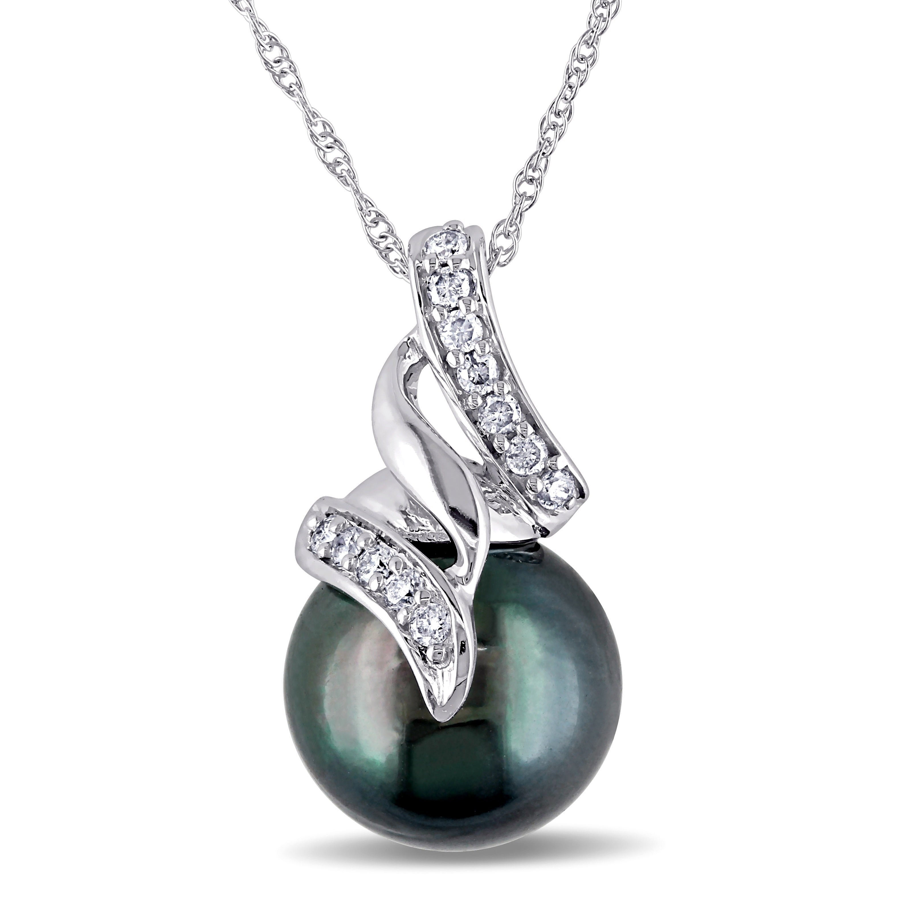 Miadora 10K White Gold Tahitian Black Pearl And 1 10Ct Tdw White Diamond Necklace H I I2 I3