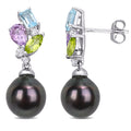 Miadora 10K White Gold Tahitian Cultured Pearl Multi Gemstone Drop Earrings 9 9.5 Mm