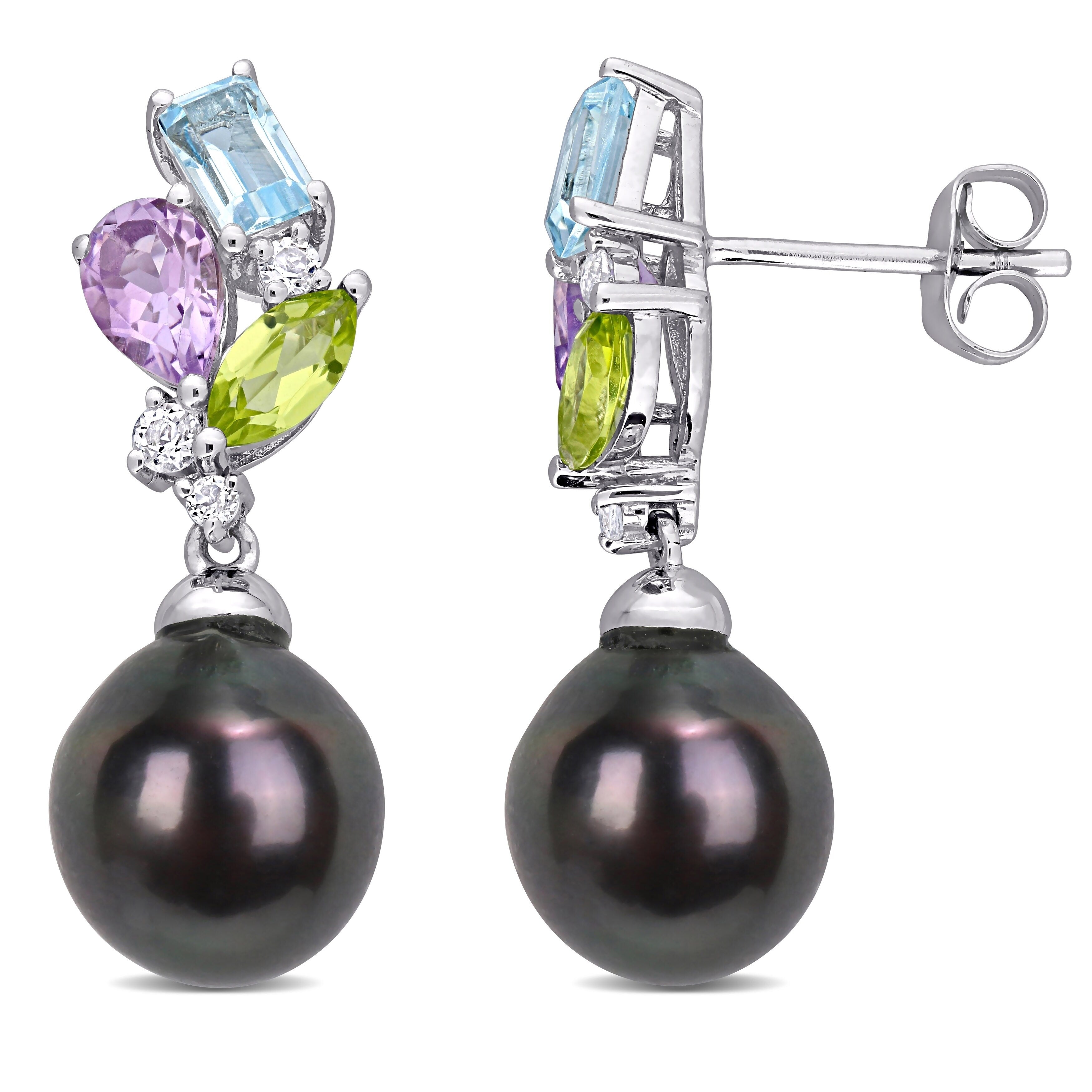 Miadora 10K White Gold Tahitian Cultured Pearl Multi Gemstone Drop Earrings 9 9.5 Mm