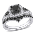 Miadora 10K White Gold With Black Rhodium 1 1 2Ct Tdw Black White Diamond Halo Bridal Ring Set