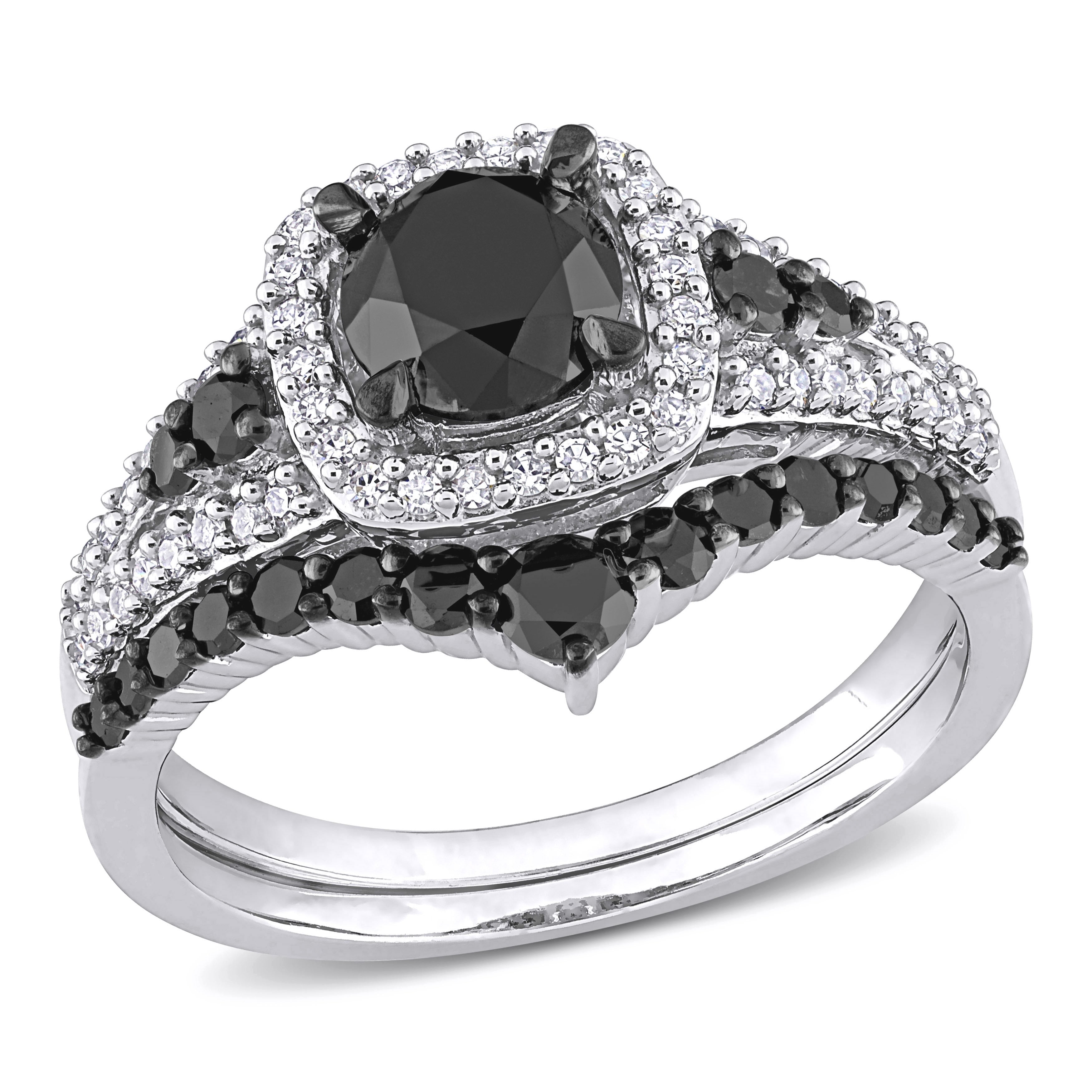 Miadora 10K White Gold With Black Rhodium 1 1 2Ct Tdw Black White Diamond Halo Bridal Ring Set