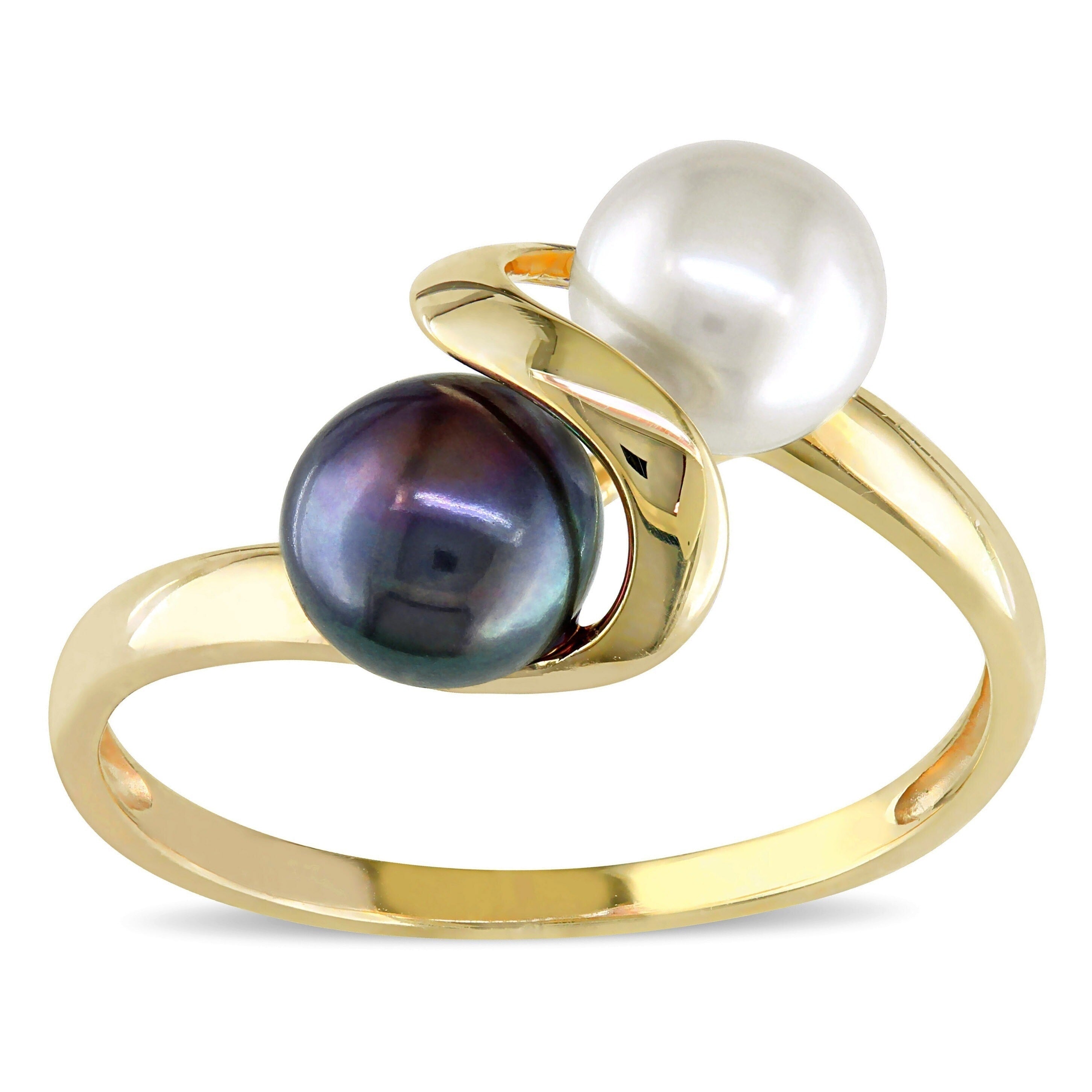 Miadora 10K Yellow Gold Black And White Cultured Freshwater Pearl Bypass Ring 5.5 6Mm
