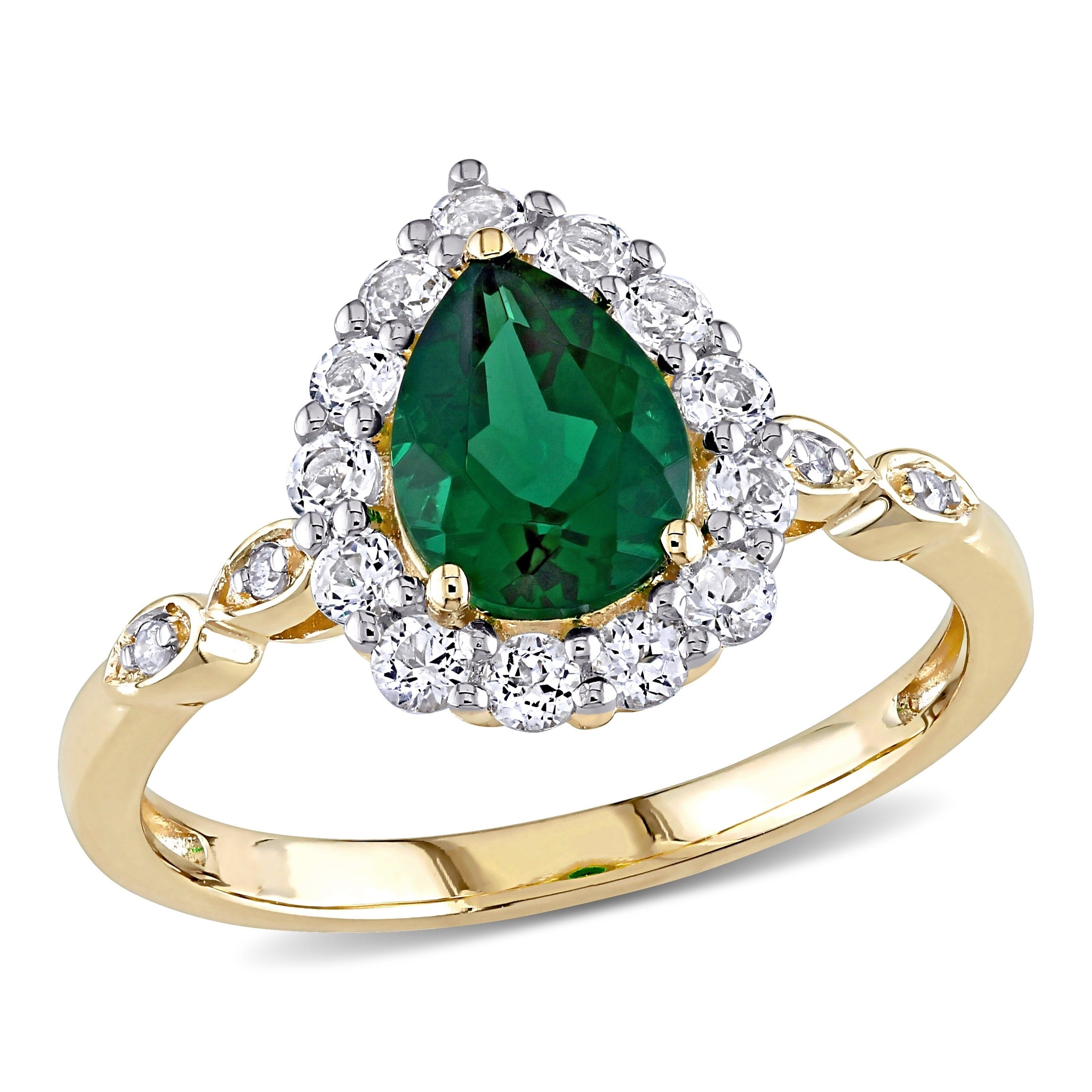 Miadora 10K Yellow Gold Created Emerald Created White Sapphire Diamond Teardrop Halo Engagement Ring