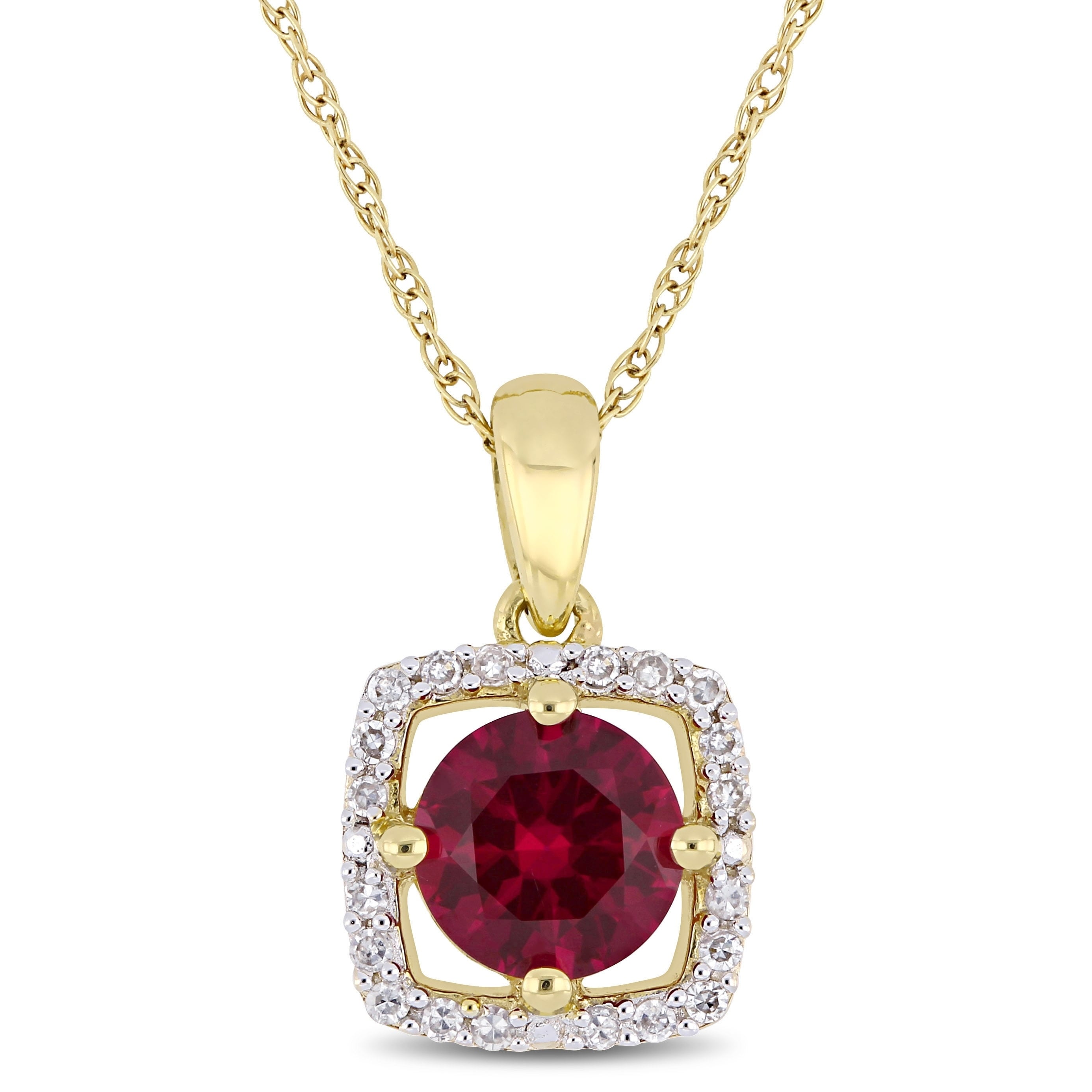 Miadora 10K Yellow Gold Created Ruby 1 10Ct Tdw Diamond Floating Square Halo Necklace