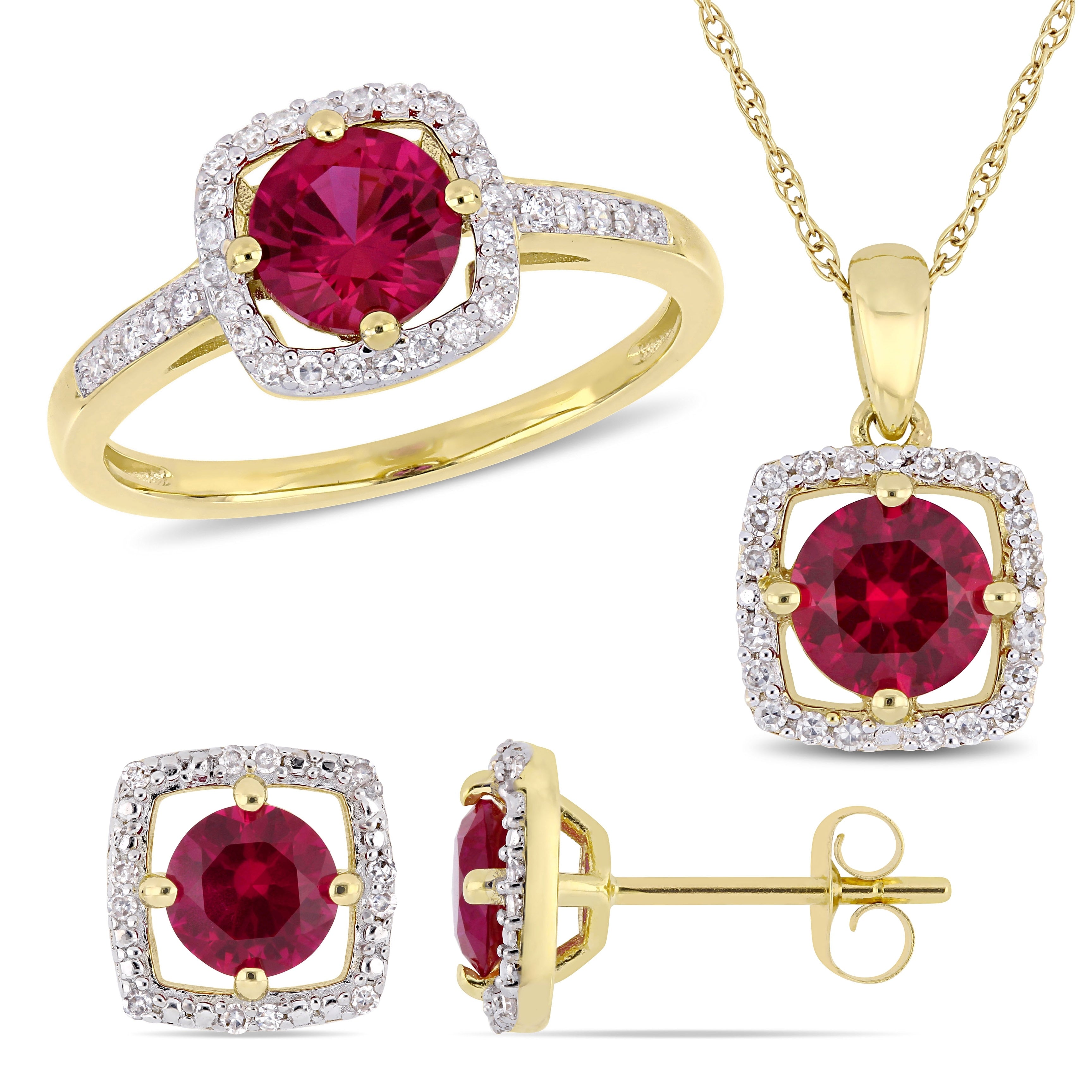 Miadora 10K Yellow Gold Created Ruby And 1 3Ct Tdw Diamond Floating Halo Jewelry Set