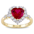Miadora 10K Yellow Gold Created Ruby White Topaz Diamond Halo Heart Engagement Ring