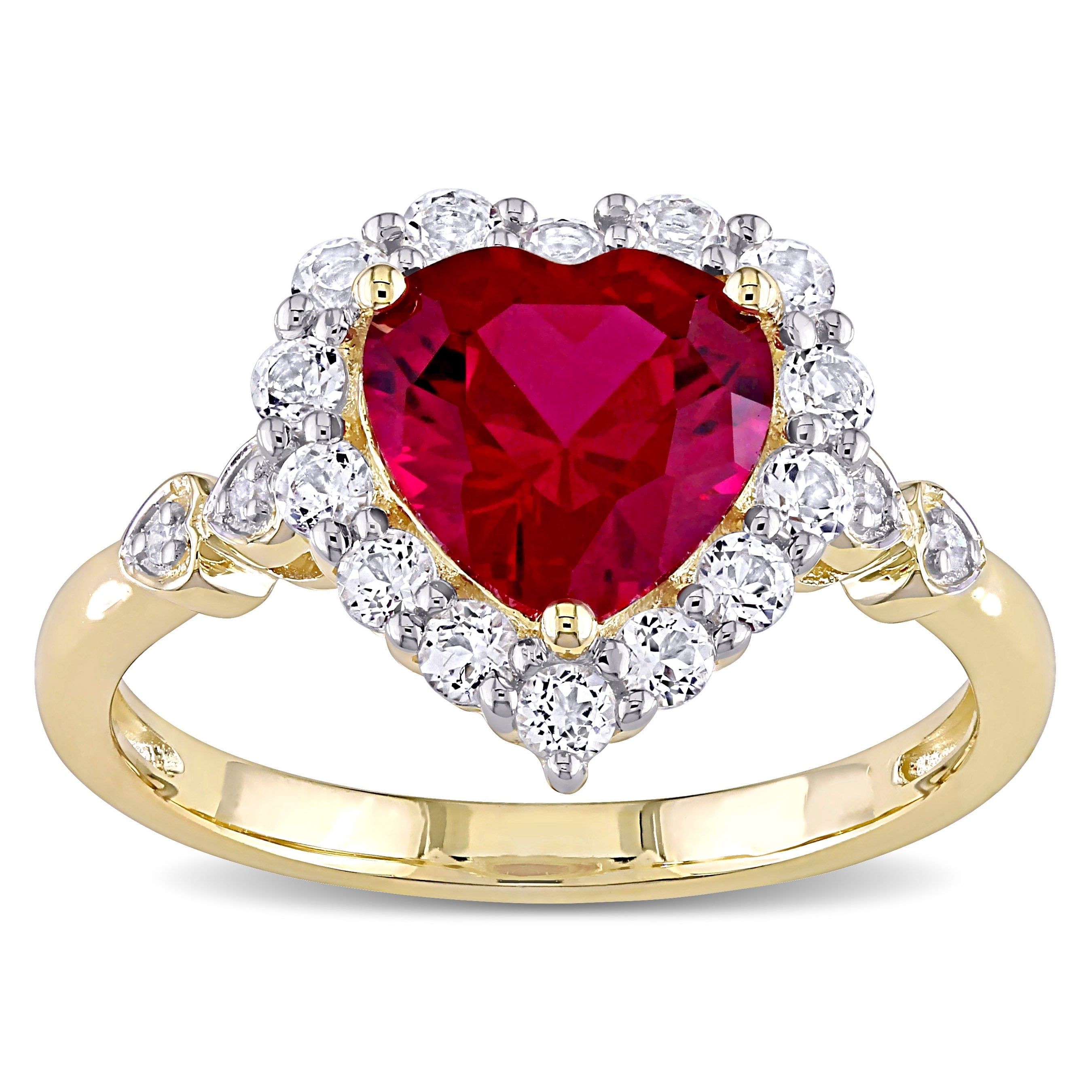 Miadora 10K Yellow Gold Created Ruby White Topaz Diamond Halo Heart Engagement Ring