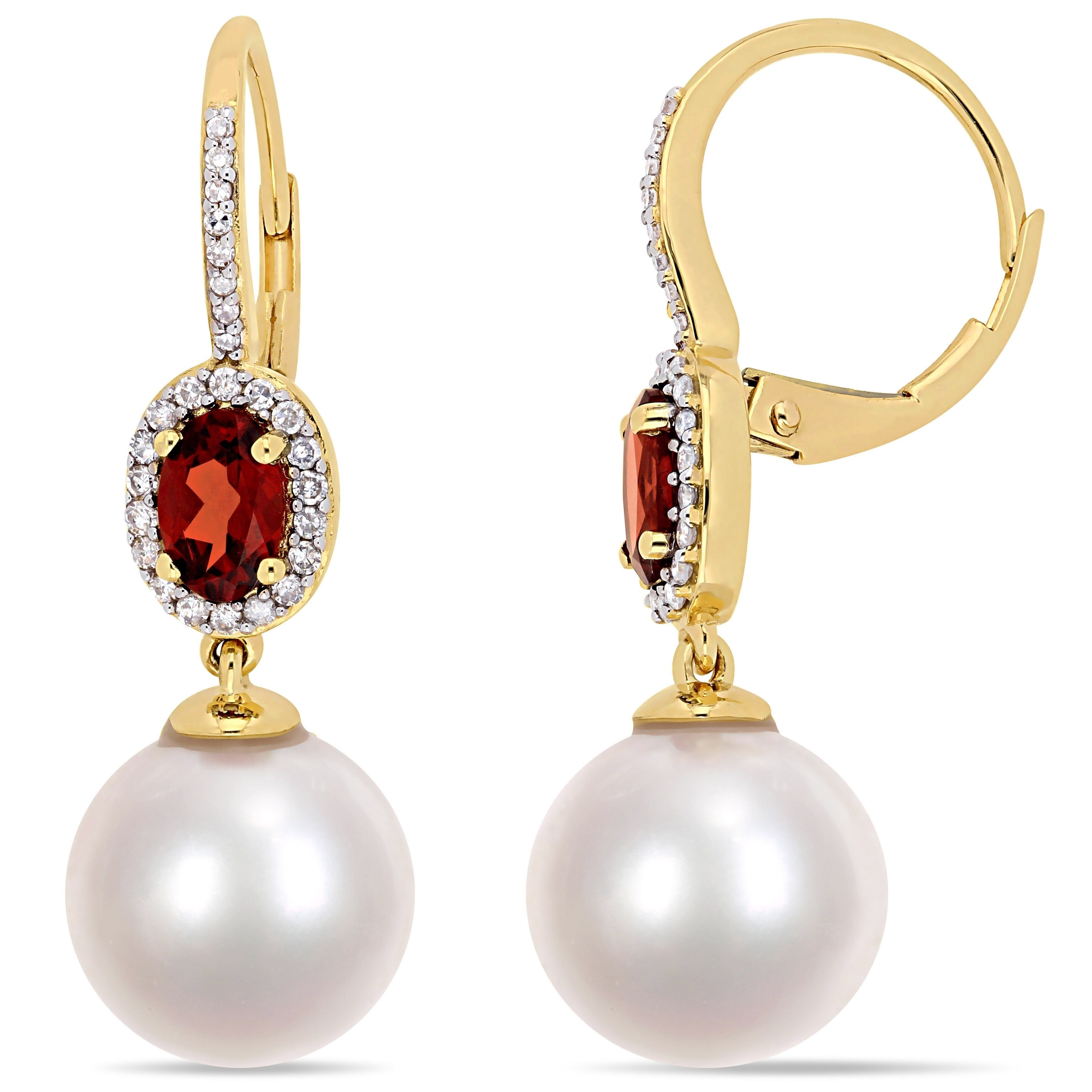 Miadora 10K Yellow Gold Cultured Freshwater Pearl 1 4Ct Tdw Diamond Garnet Drop Earrings 11 12Mm