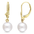 Miadora 10K Yellow Gold Cultured Freshwater Pearl Fleur De Lis Leverback Drop Earrings 8 8.5 Mm White