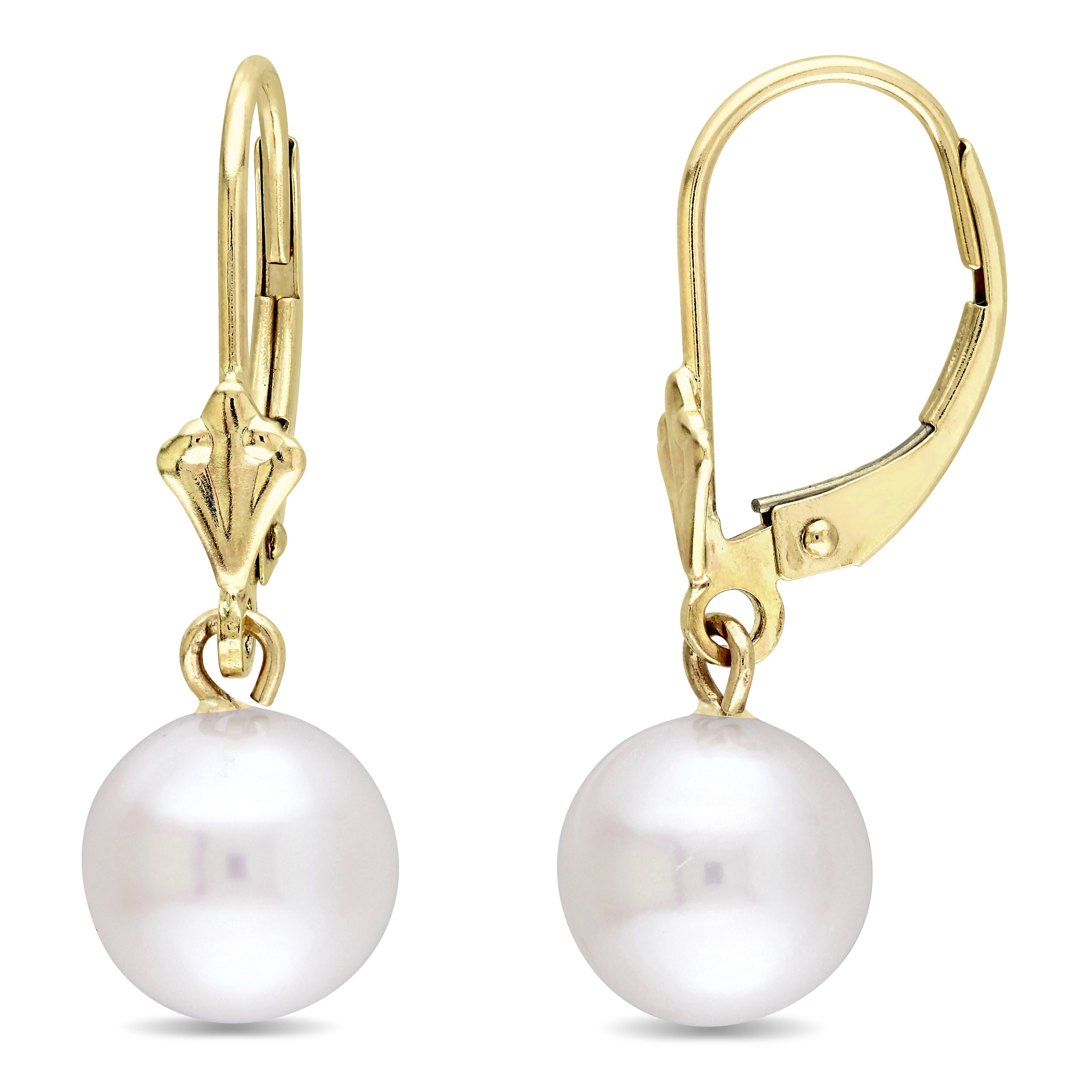 Miadora 10K Yellow Gold Cultured Freshwater Pearl Fleur De Lis Leverback Drop Earrings 8 8.5 Mm White