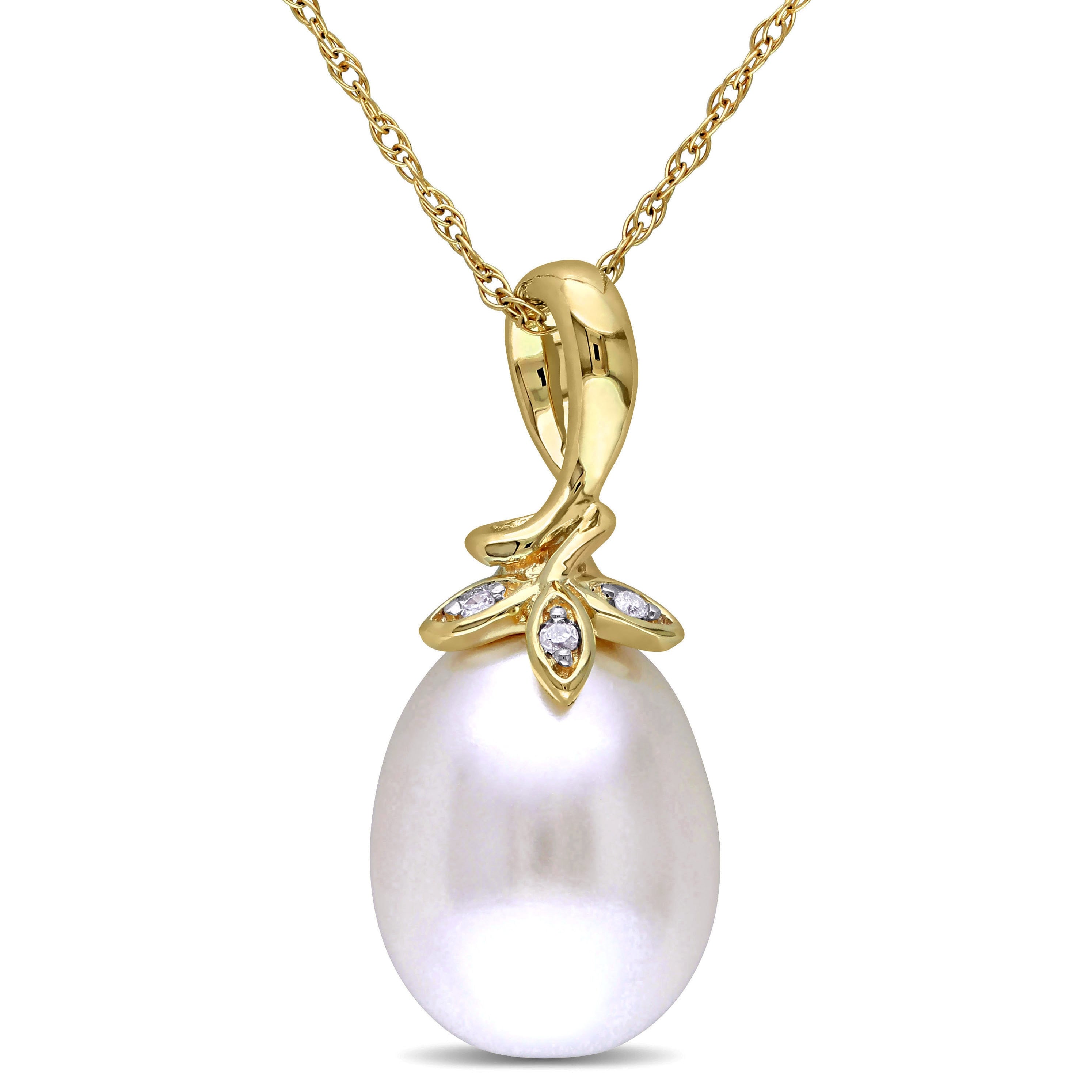 Miadora 10K Yellow Gold Cultured Freshwater White Pearl And Diamond Accent Drop Necklace 9 10 Mm