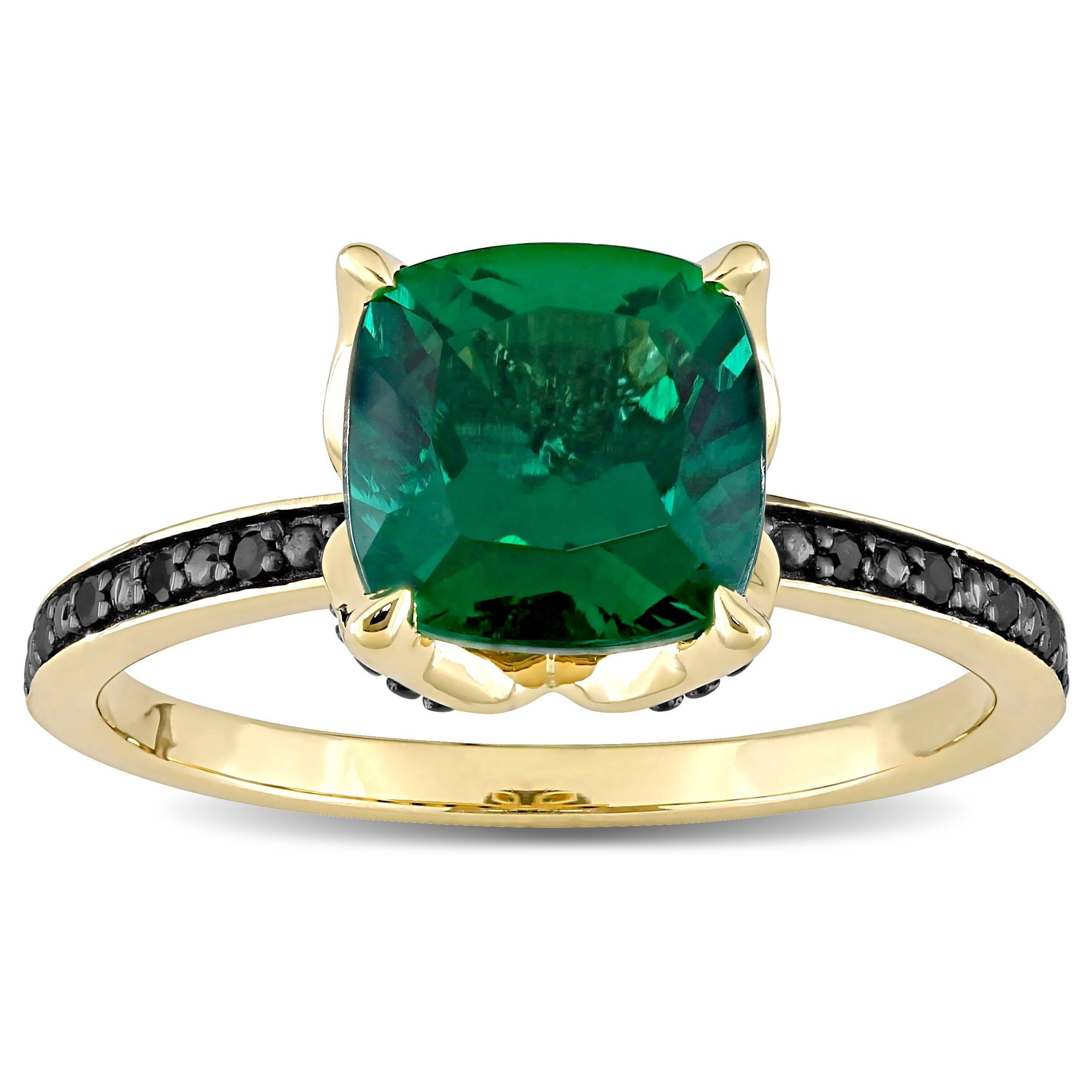 Miadora 10K Yellow Gold Cushion Cut Created Emerald And Black Diamond Ring