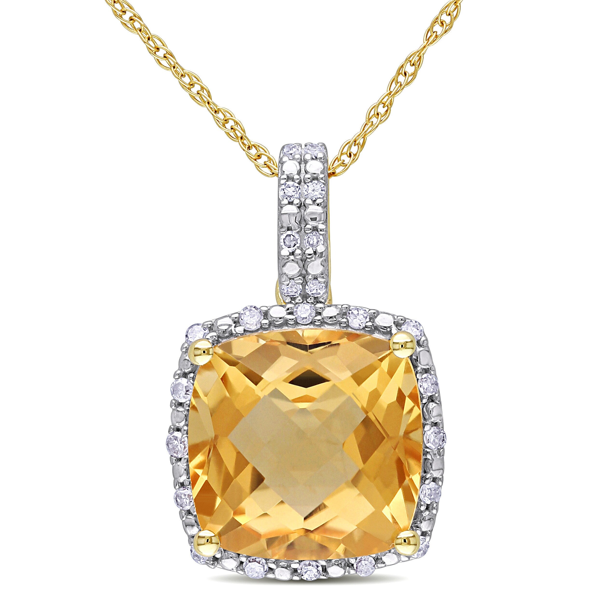 Miadora 10K Yellow Gold Cushion Cut Citrine And 1 10Ct Tdw Diamond Halo Drop Necklace G H I2 I3